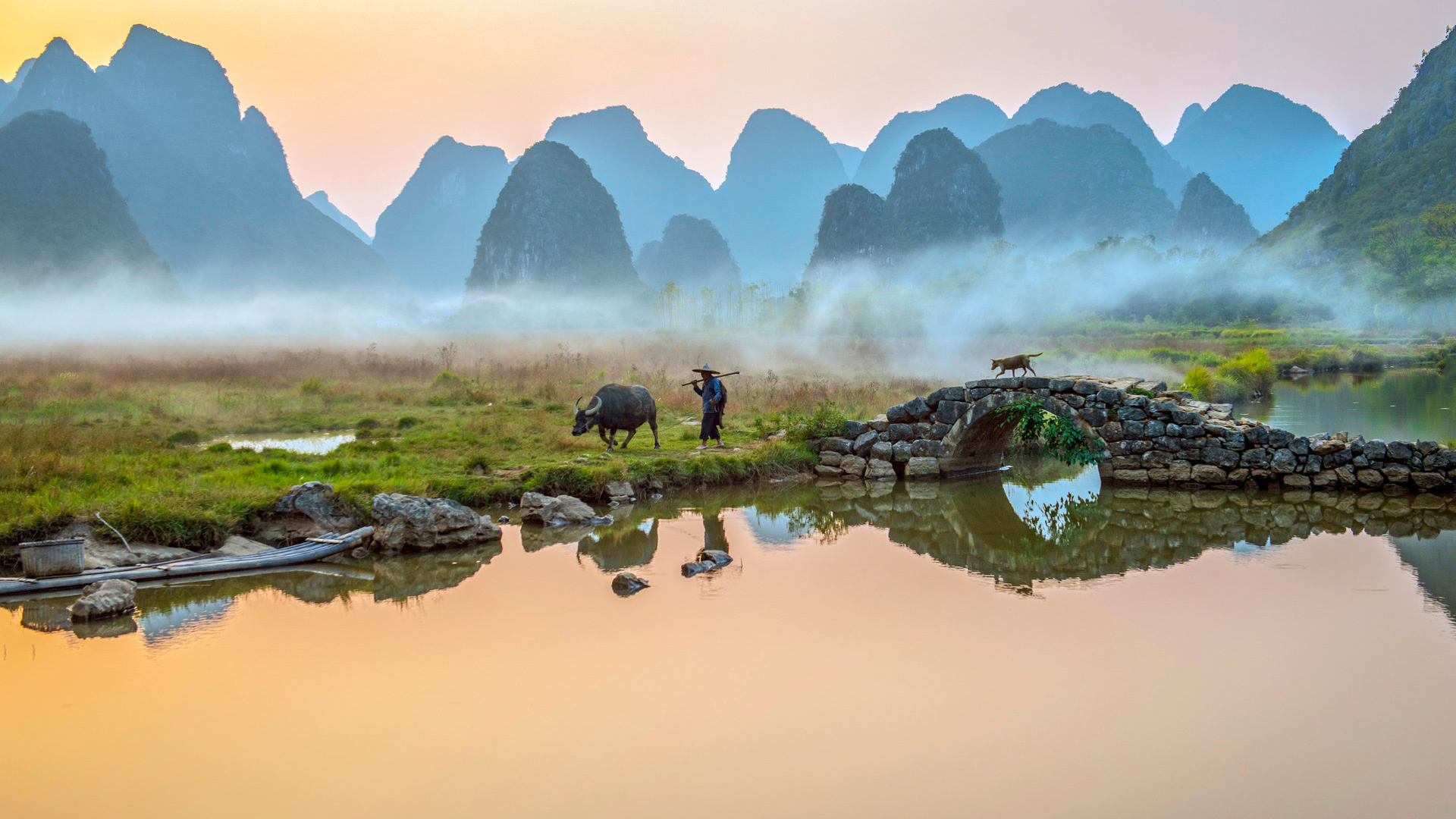 风景大片,自然风光,桂林山水,水牛拱桥