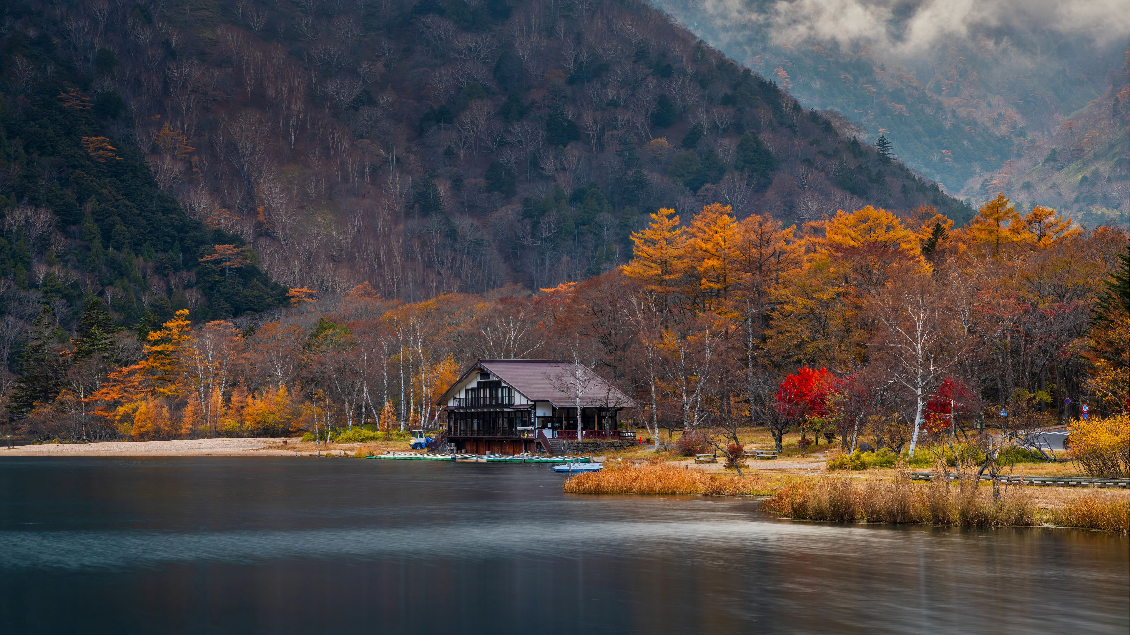 风景大片,秋意正浓,树林,湖畔小屋,山脚,湖水