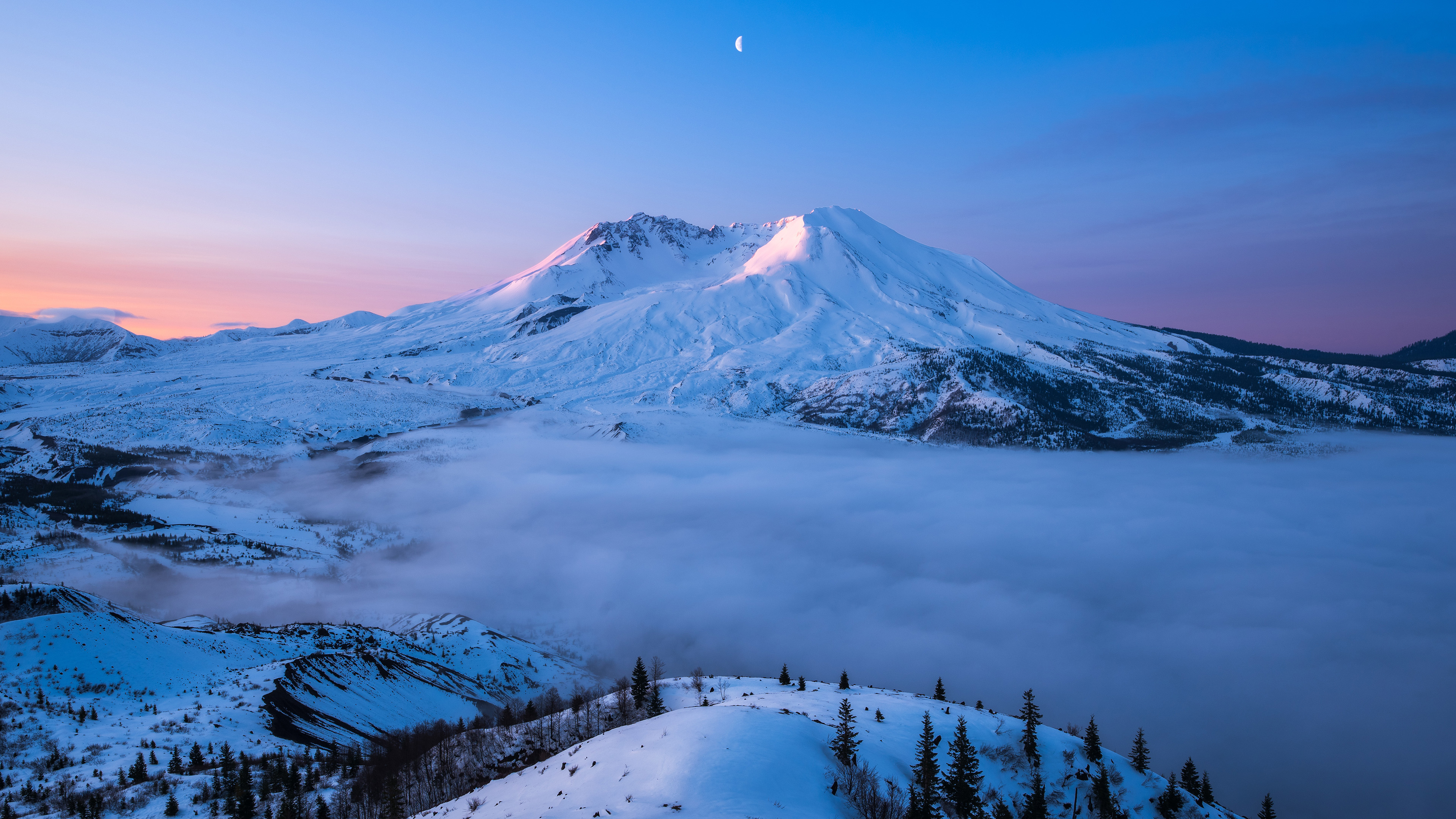 风景大片,冰天雪地,雪山,雪原,月亮,云海