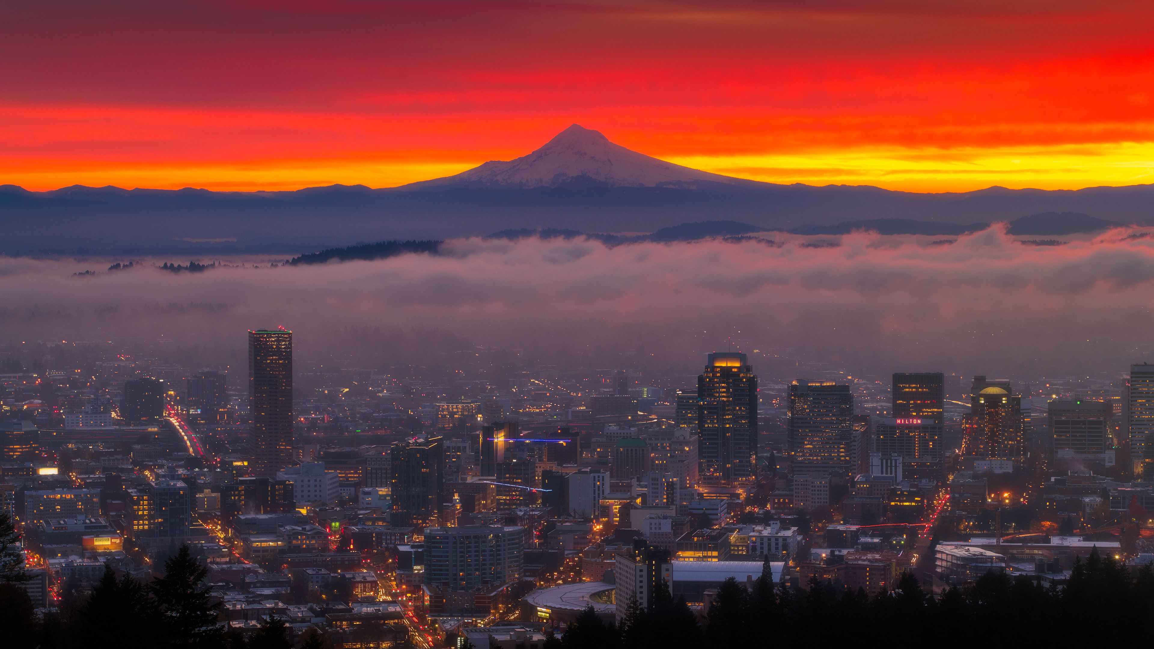 风景大片,城市夜景,火山,晚霞,都市