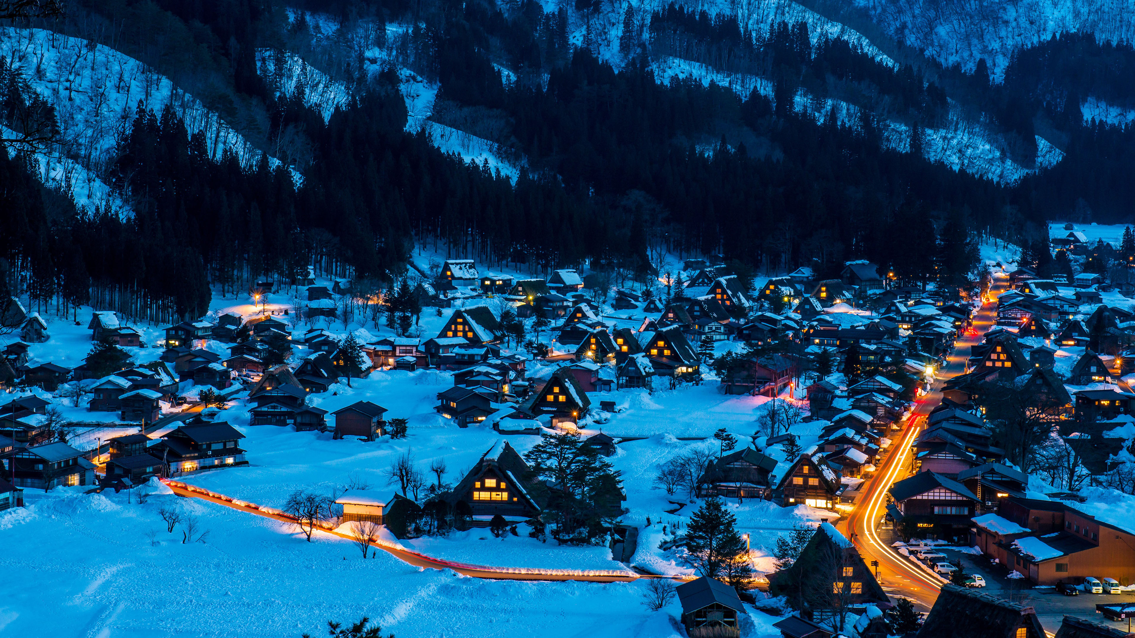 风景大片,冰天雪地,夜晚,村庄,灯火