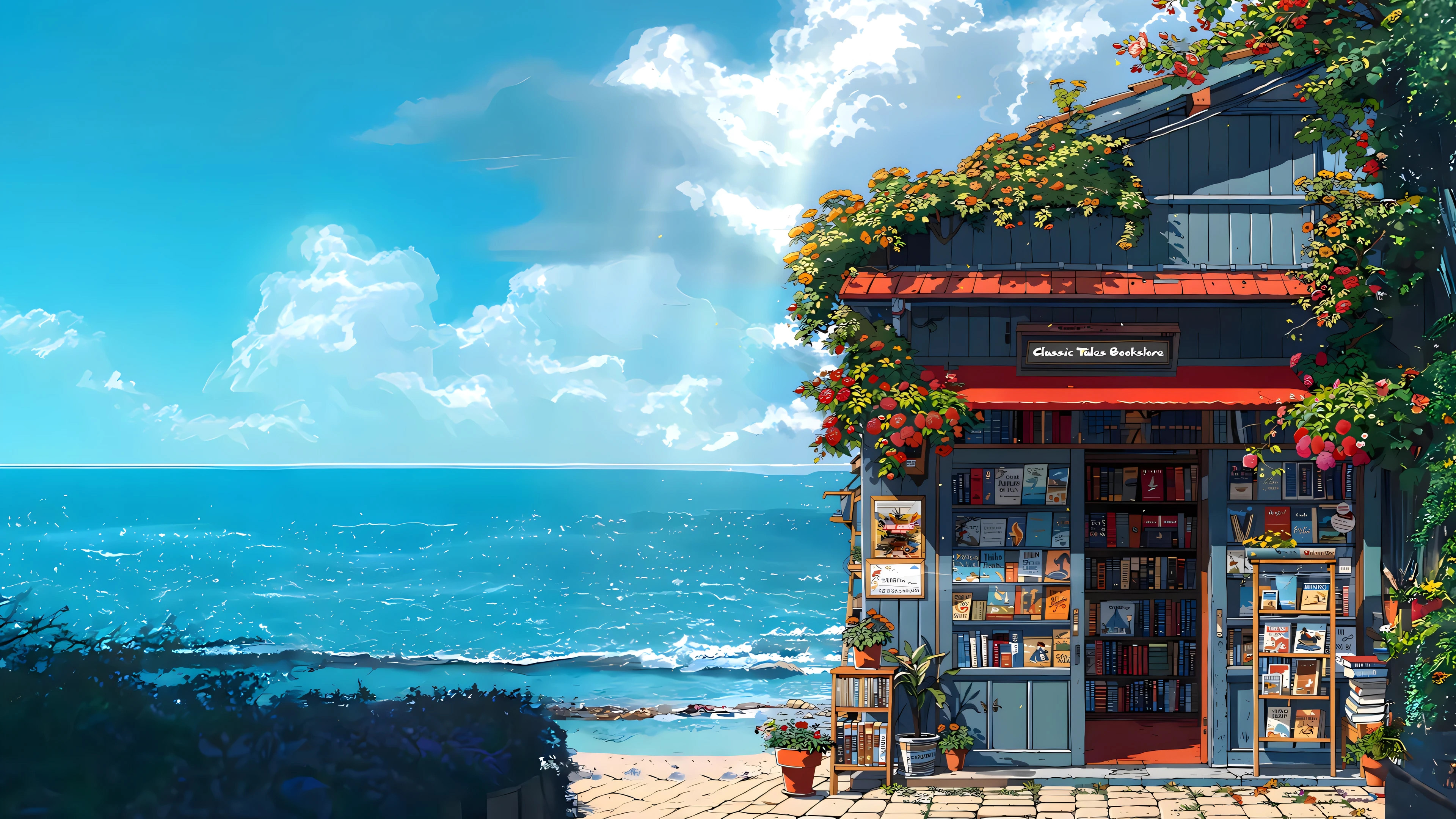 动漫卡通,海边,书店,海浪,云海,杂志