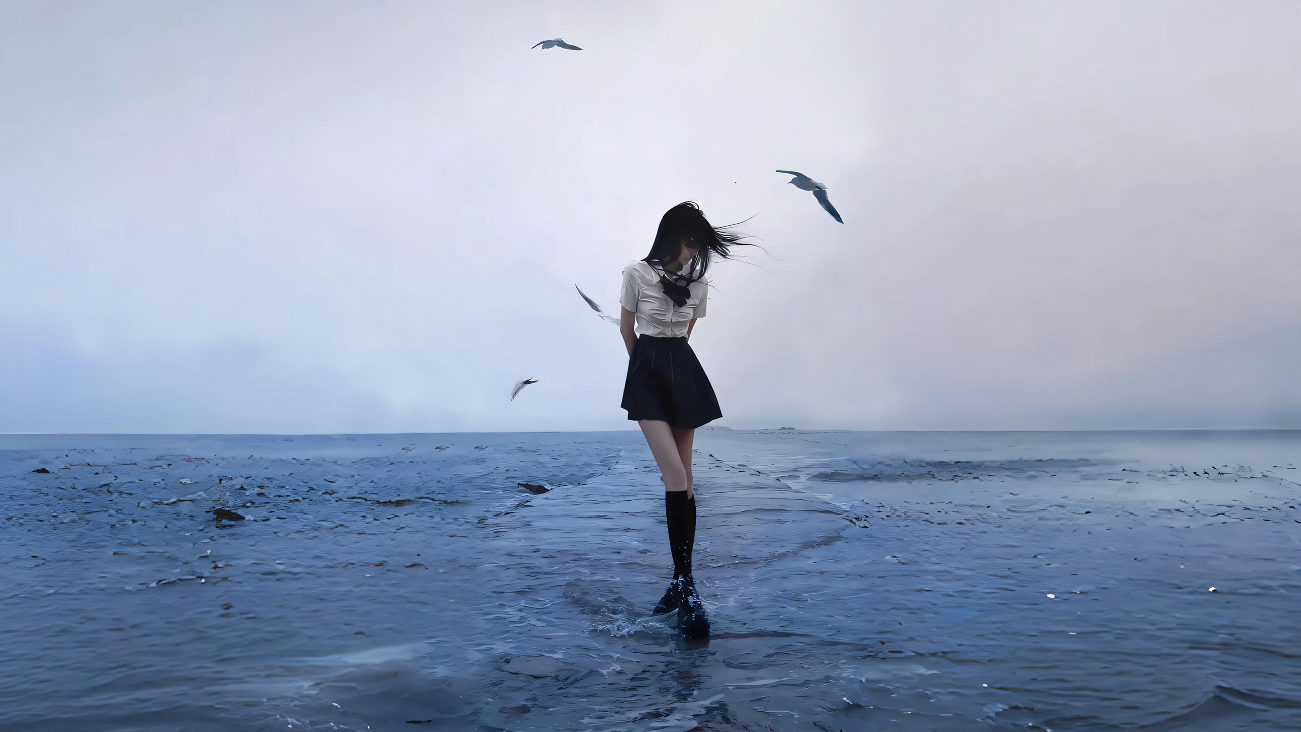 美女模特,短裙,海浪,海滩,飞鸟