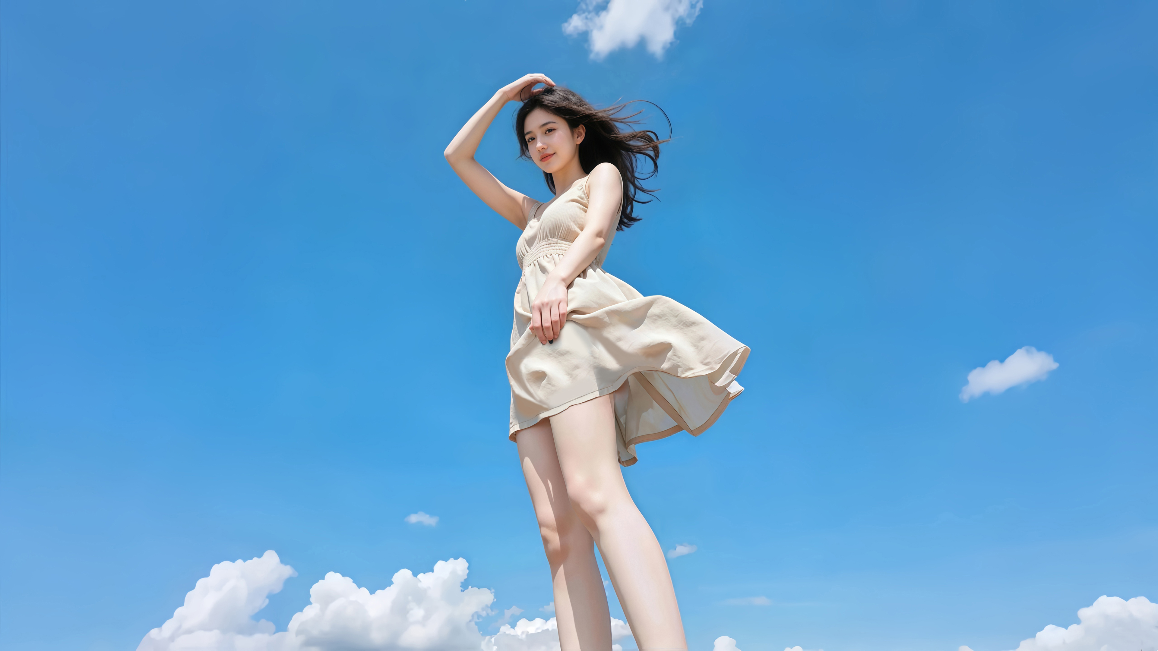 美女模特,晴天,蓝天白云,连衣裙,阳光美女,清纯
