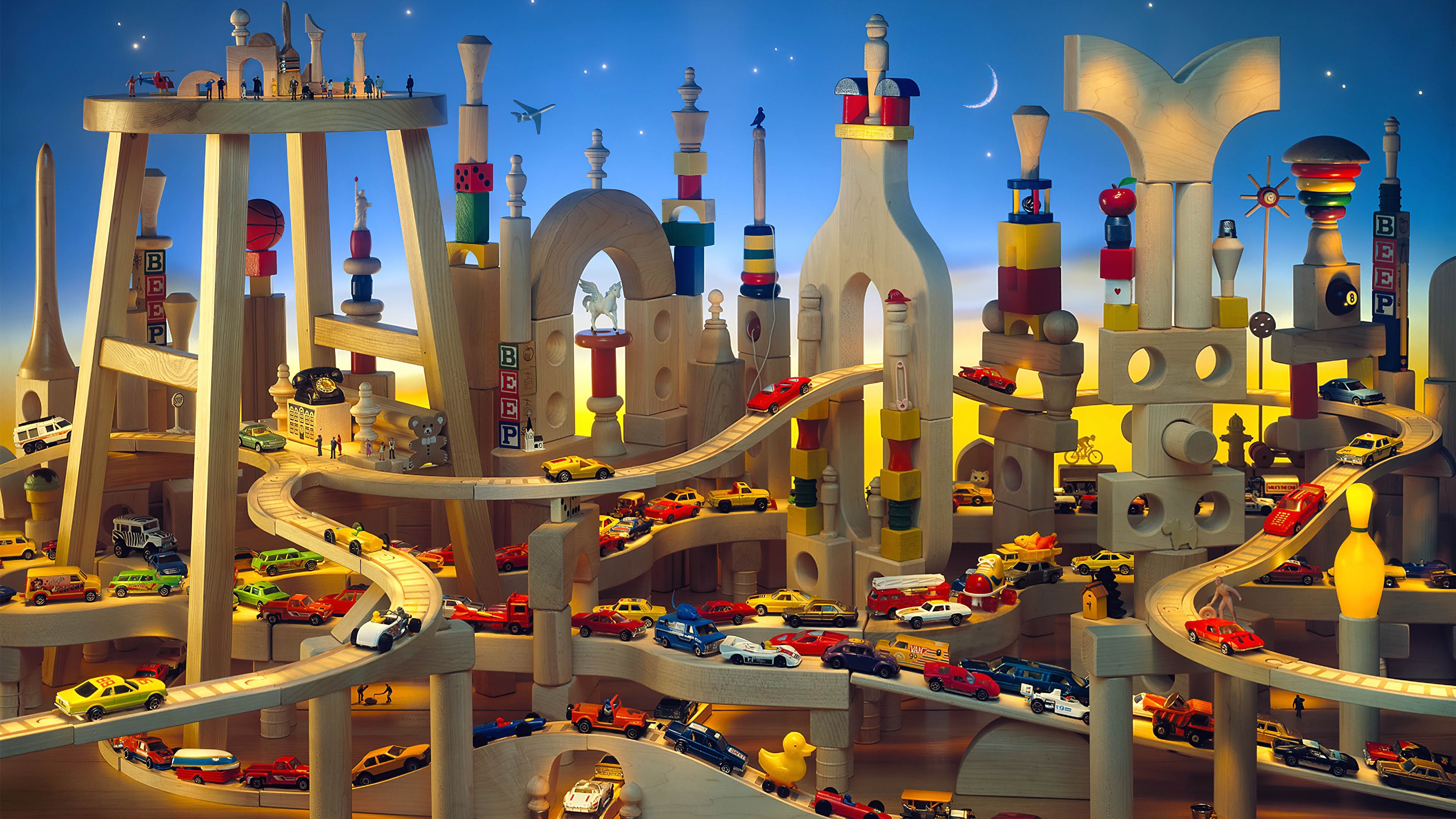 积木,汽车,玩具,月亮,天空