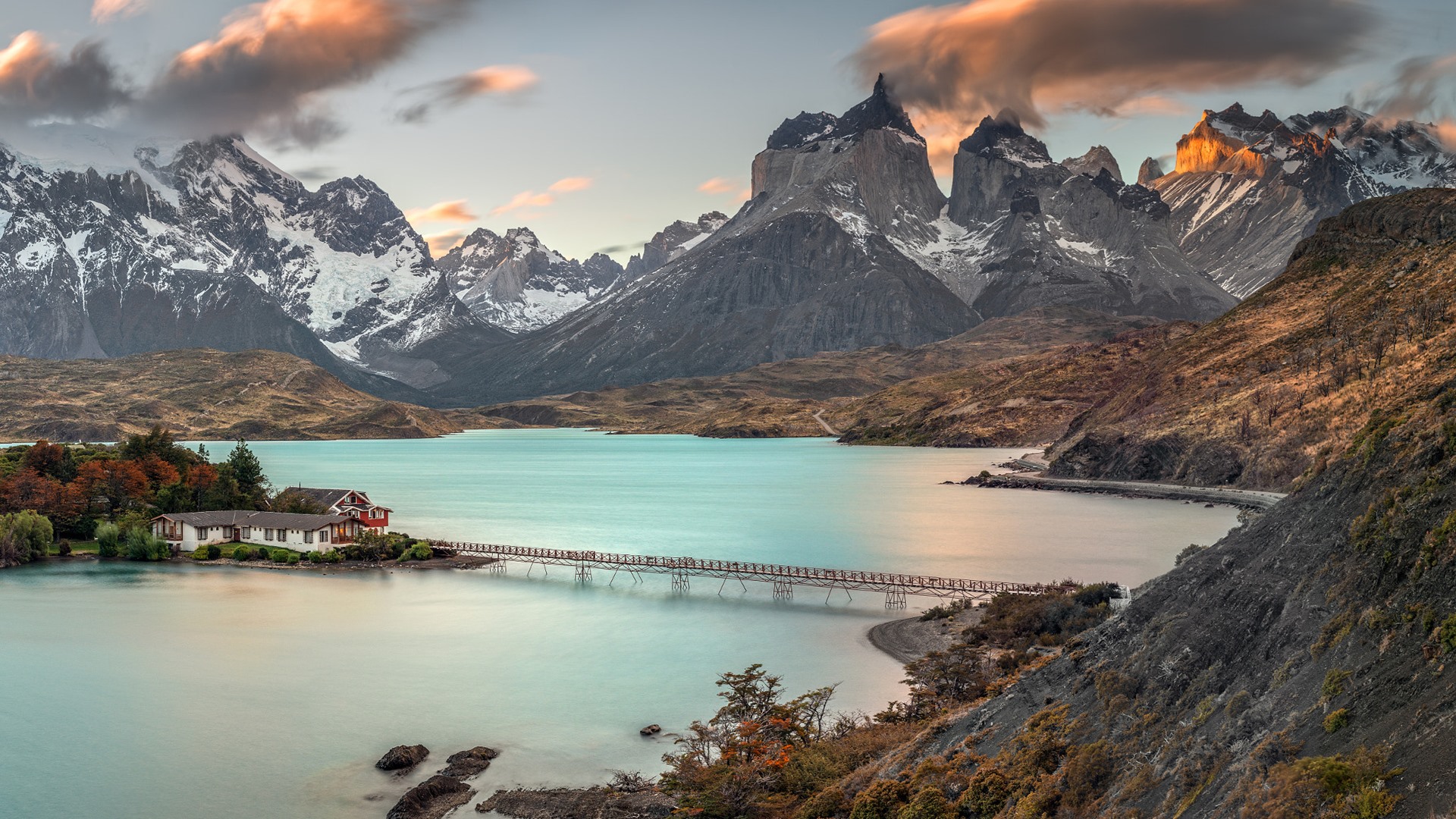 秋意正浓,雪山,大江,桥,云
