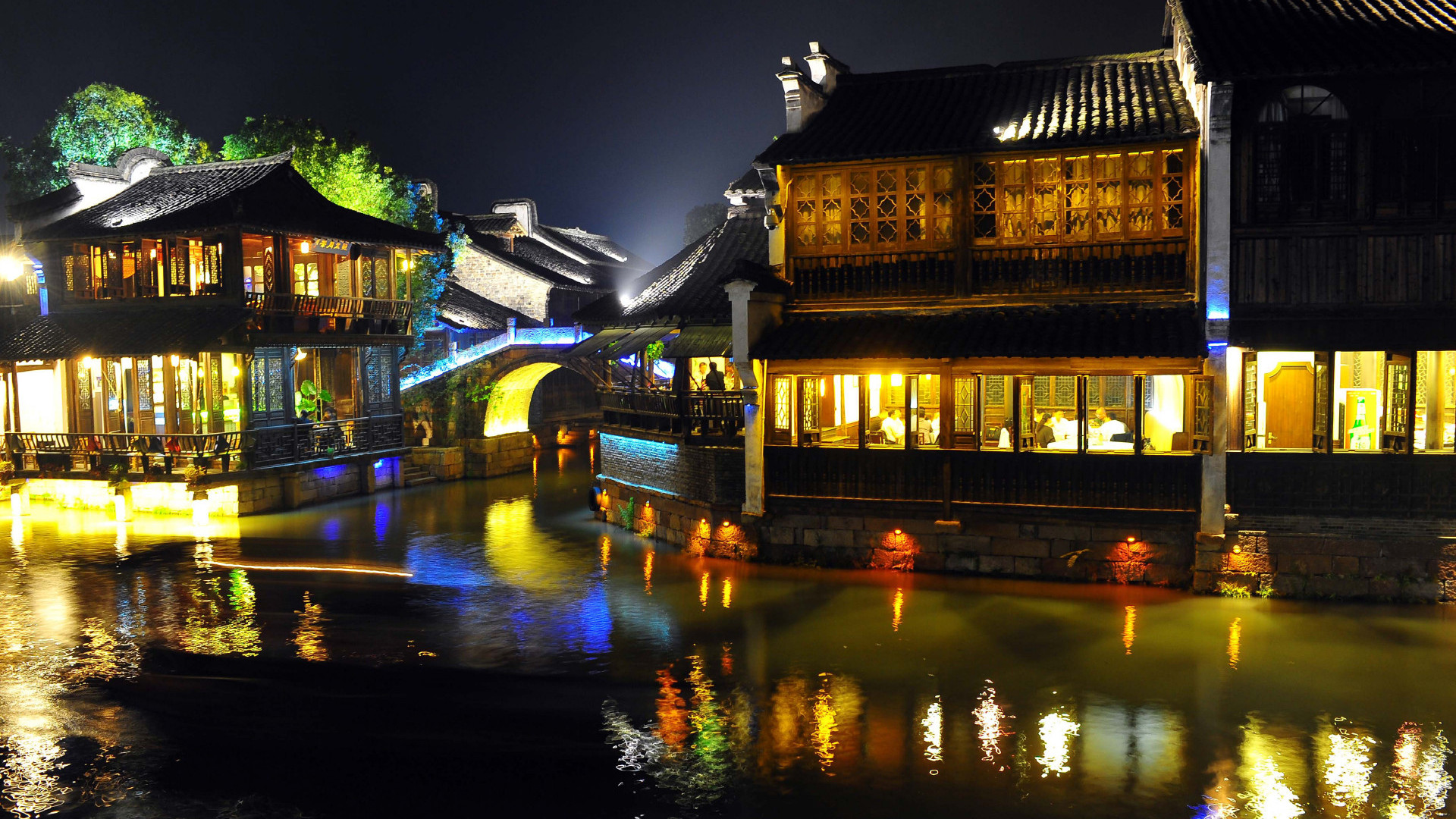 城市夜景,,夜晚,,小桥流水,,