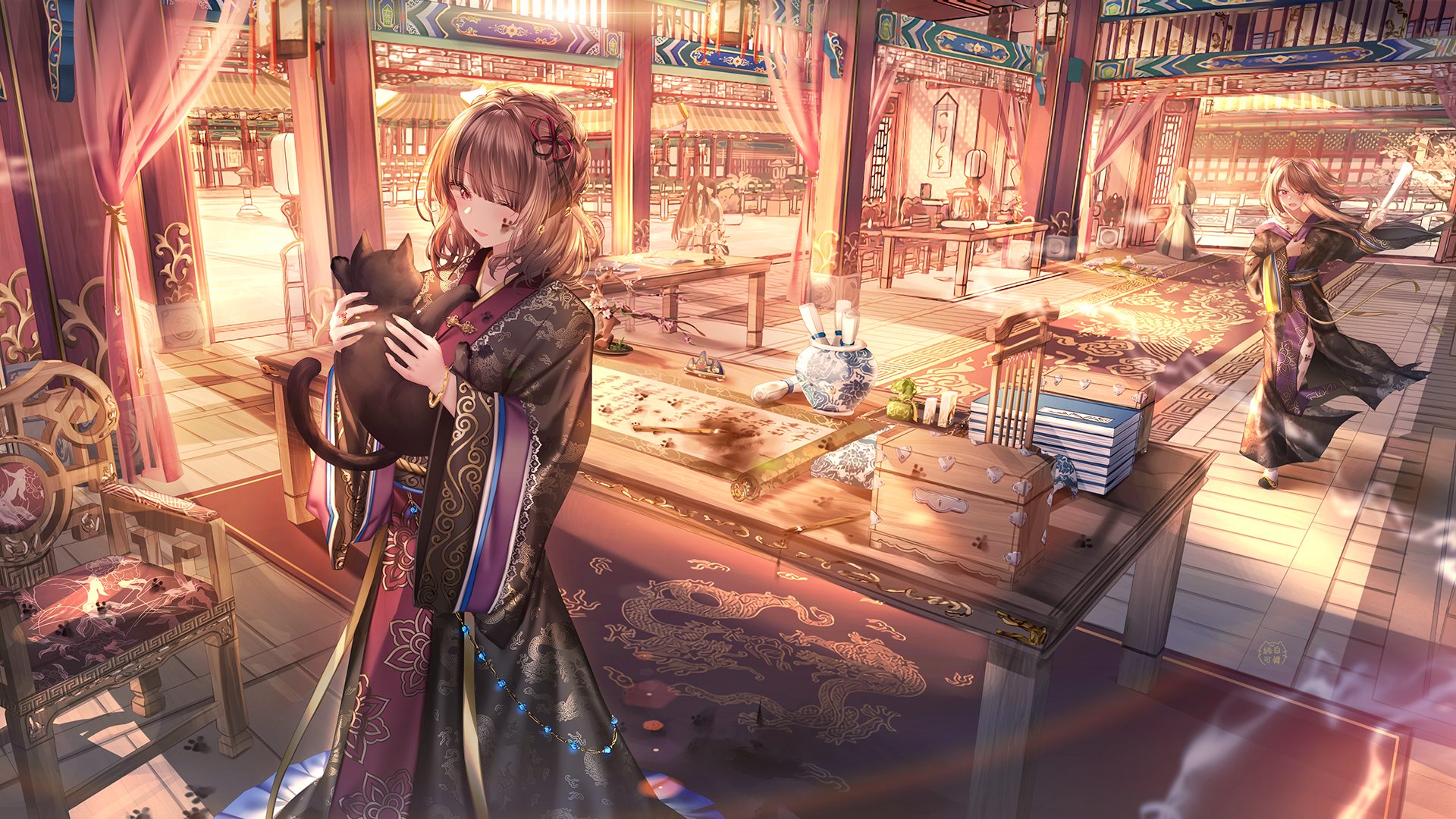 庭院,书桌,黑猫,阳光,椅子