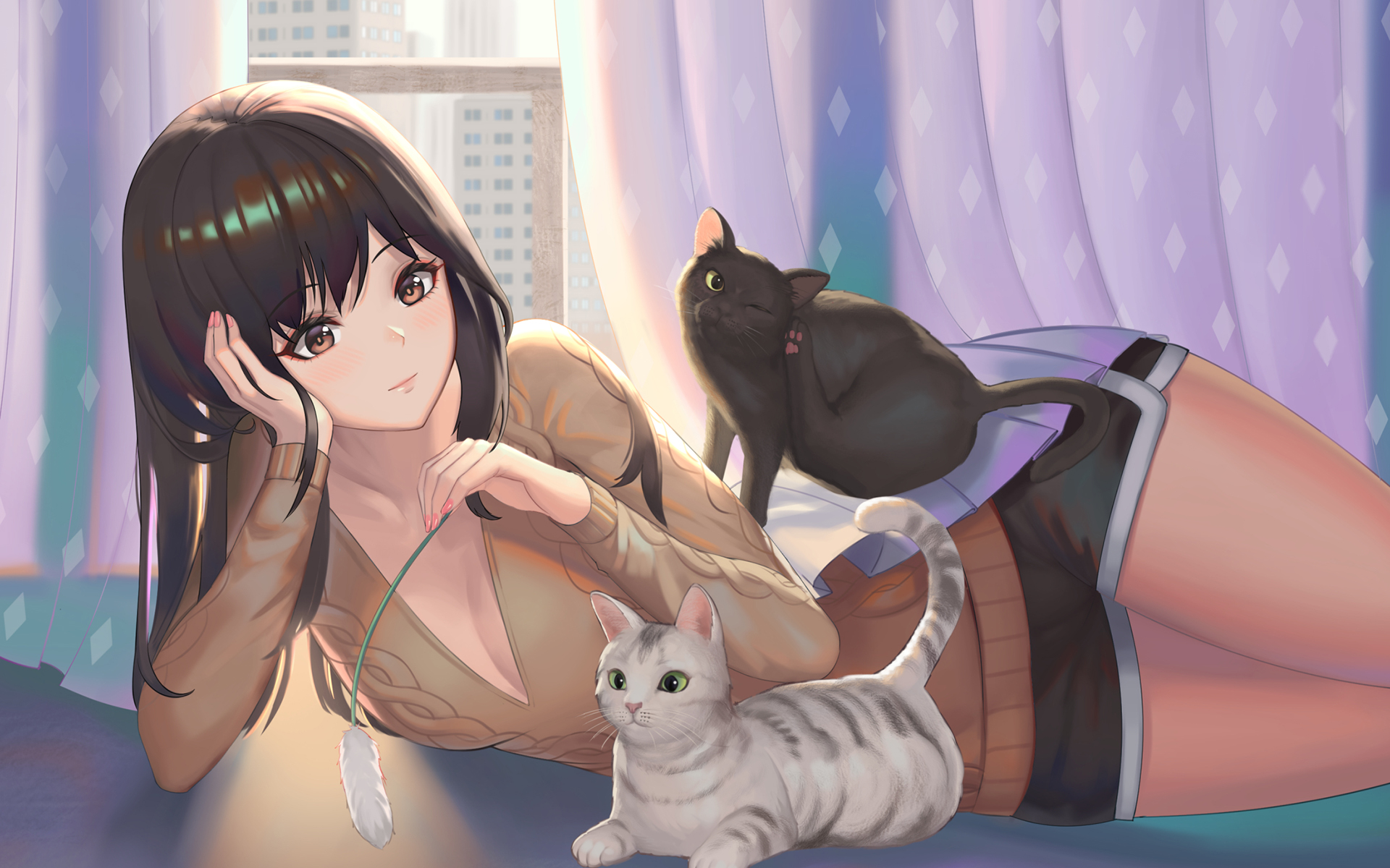 动漫,,二次元,,逗猫,慵懒,,