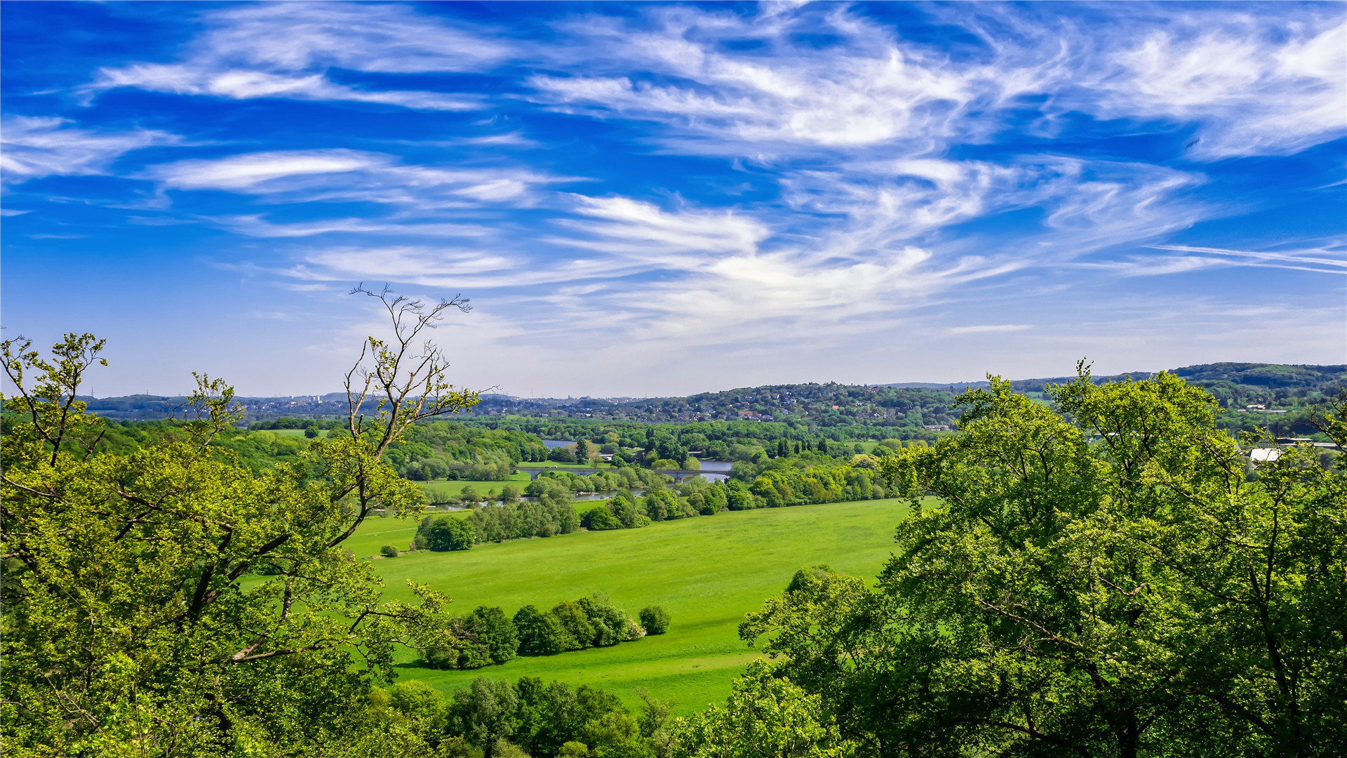 蓝天白云,,德国,,巴伐利亚,,广阔,,蓝天,,草坪