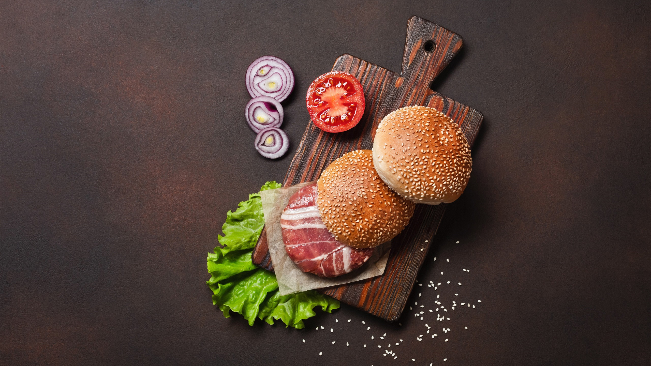 舒缓压力,面包,肉排,洋葱,番茄,生菜