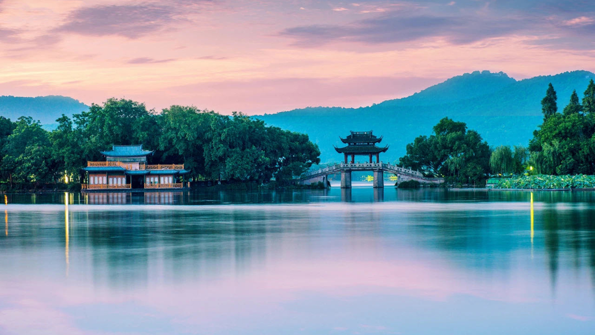 夏日炎炎,湖,傍晚,夜色,倒影