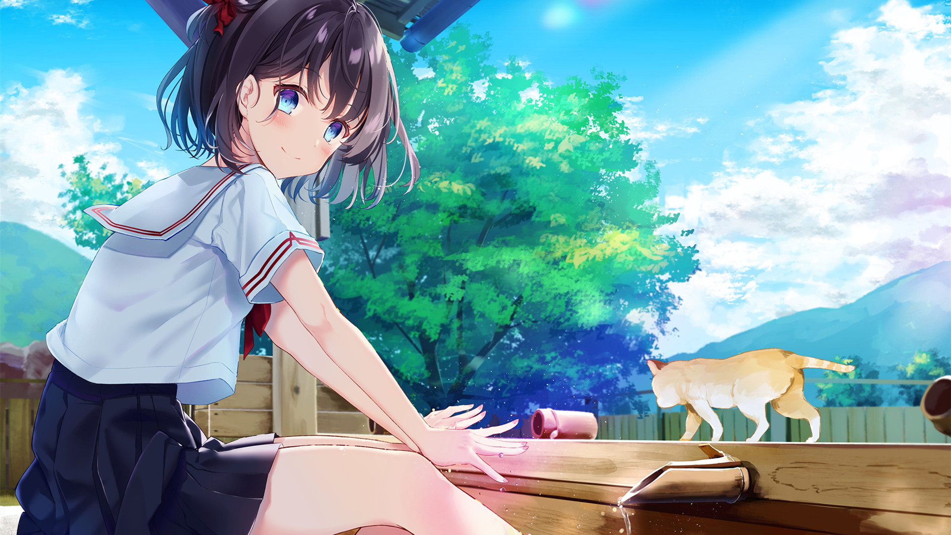 卡通人物,猫咪,白云,凉亭,乡下