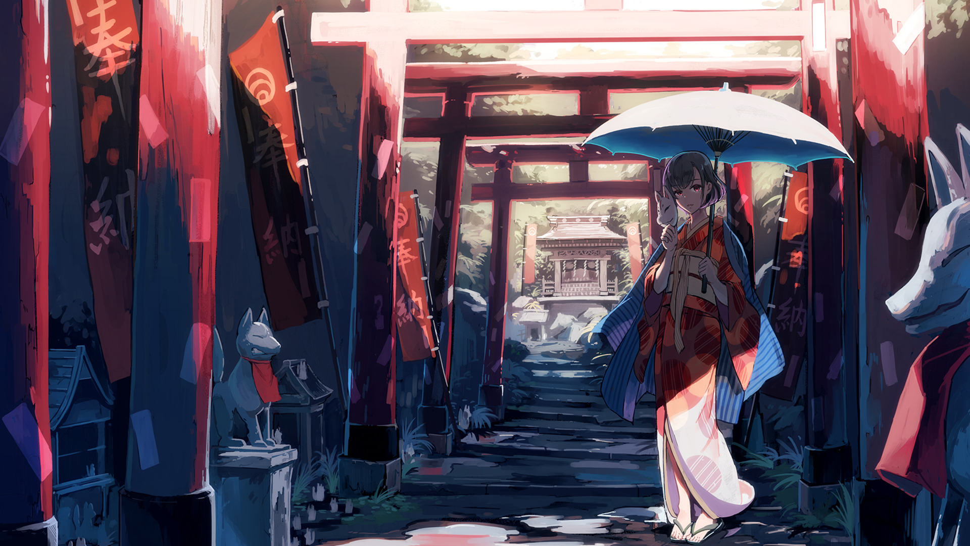 卡通人物,和服,伞,面具,神社