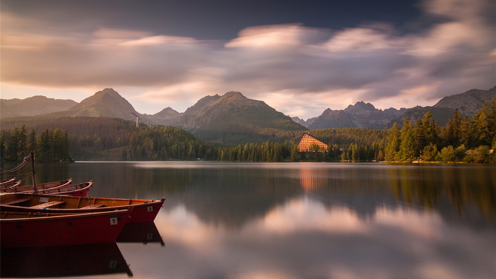 阿尔卑斯,舟,小船,湖,傍晚