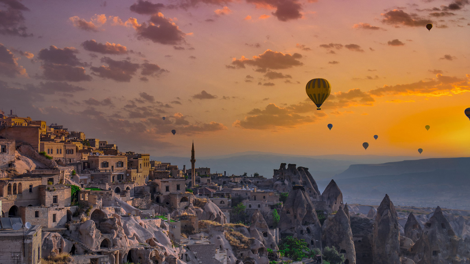 奇幻梦境,热气球,夕阳,晚霞,城堡,古城