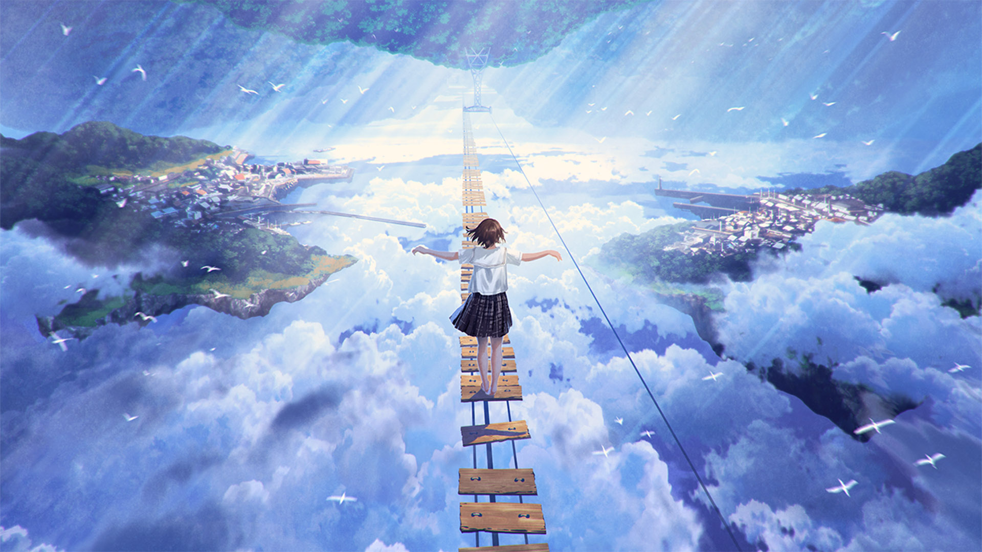 天空,天梯,女孩,阳光