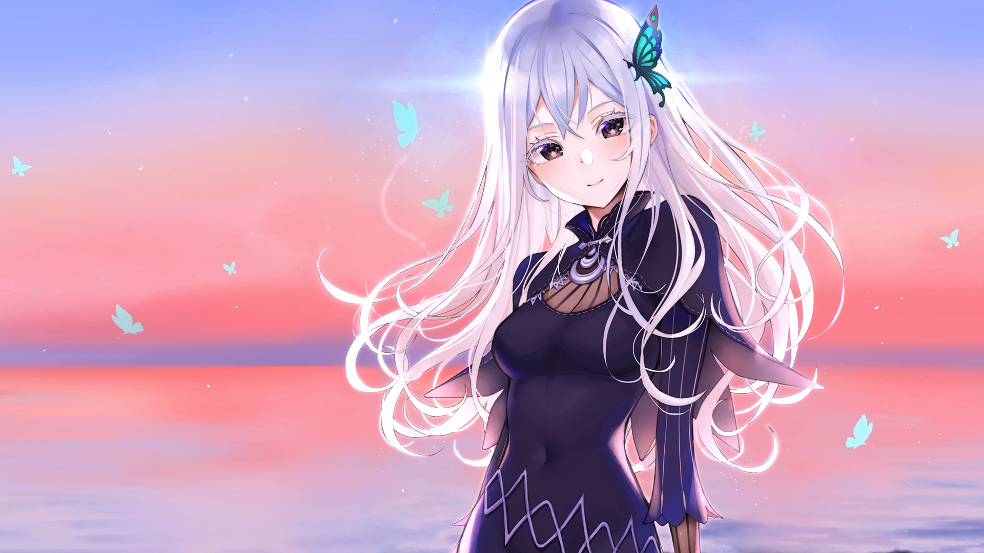 卡通人物,蝴蝶,白发,晚霞