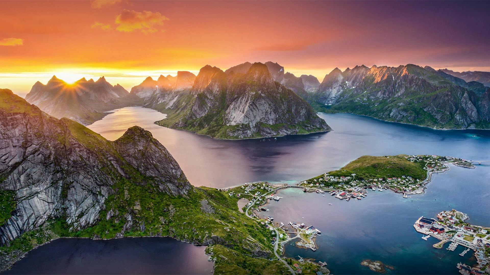 自然风光,小镇,湖,岛,山脉,日出