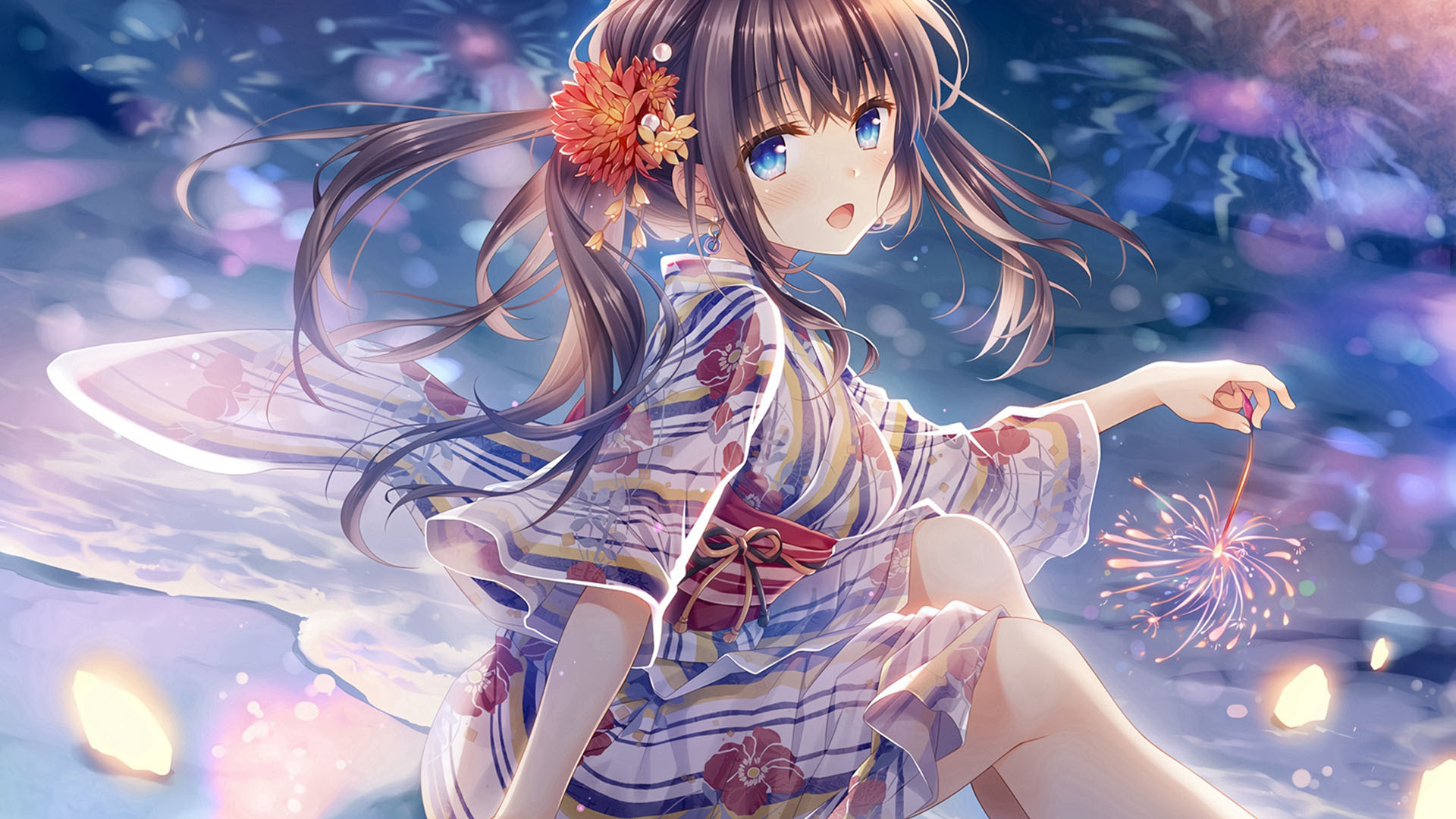 烟火,海滩,可爱,和服