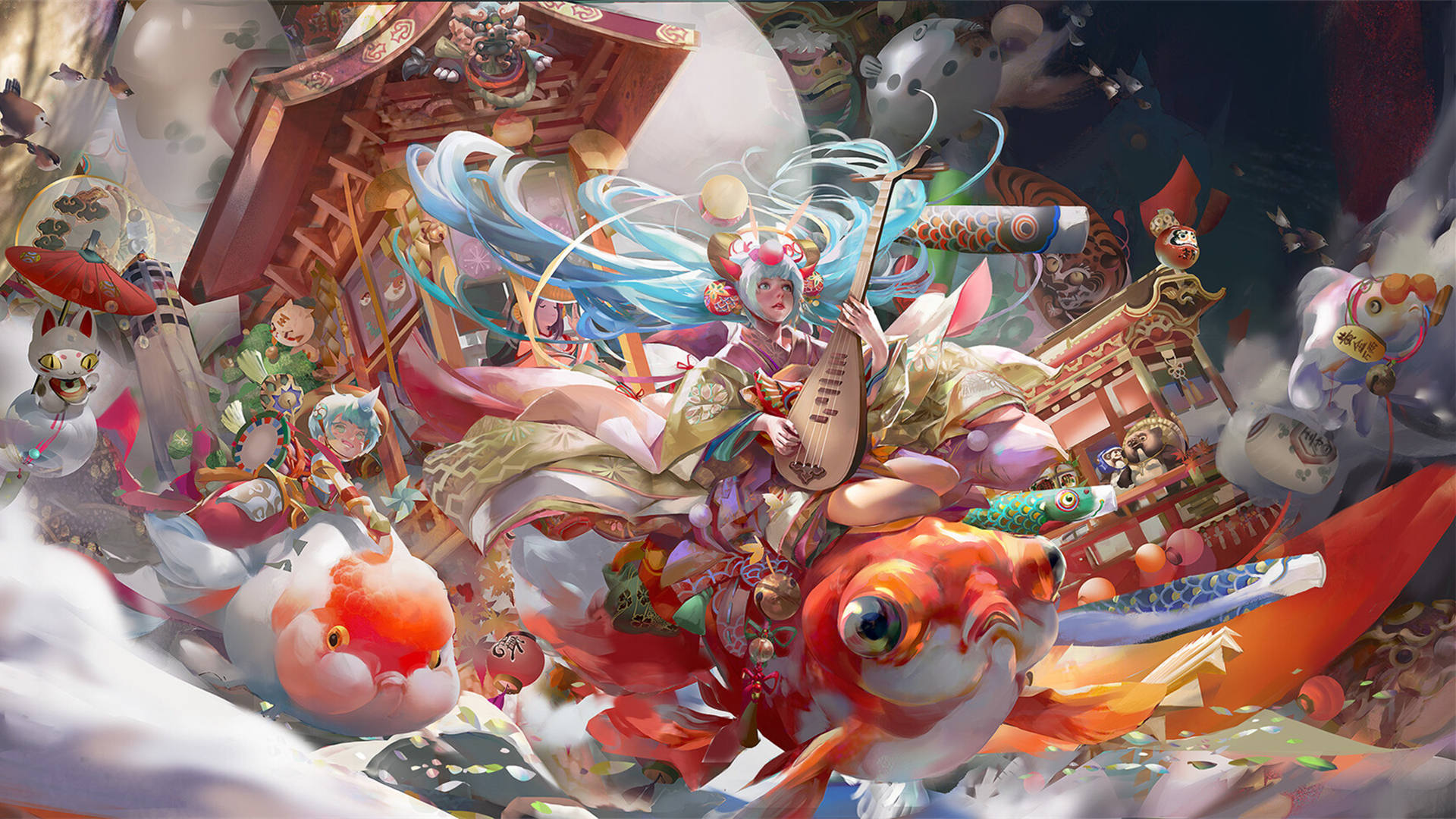 金鱼,琵琶,妖怪,招财,神仙