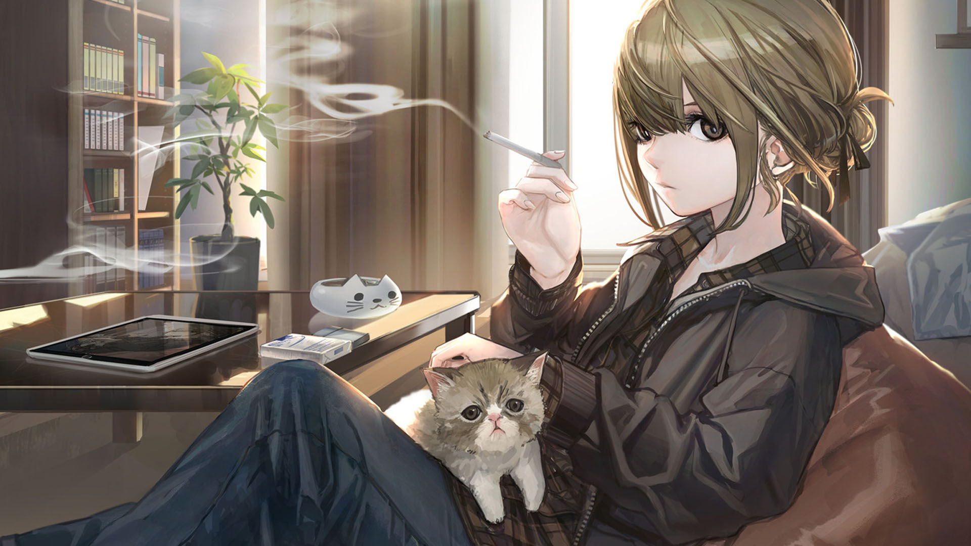 卡通人物,猫咪,抽烟,茶几,ipad