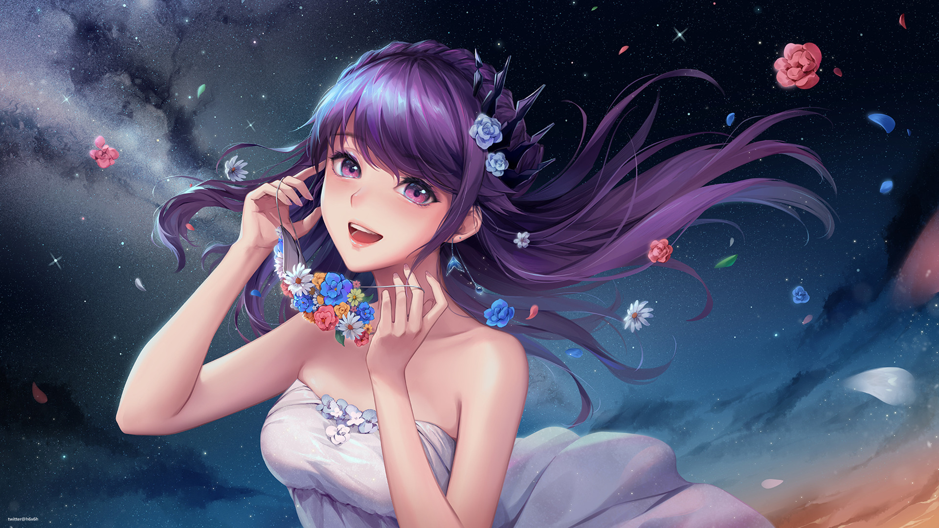 卡通人物,花瓣,口罩,星空