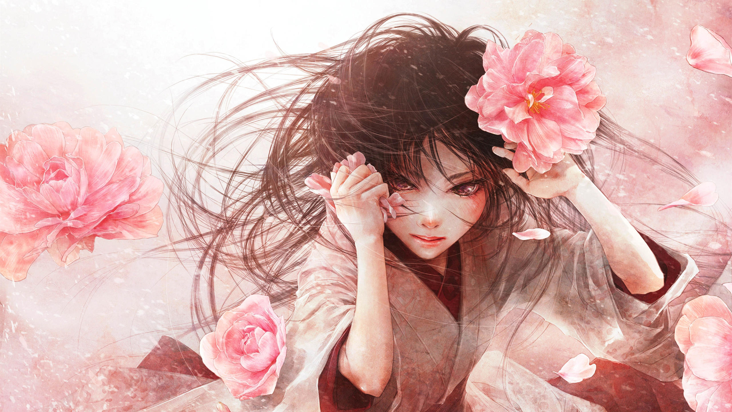 卡通人物,牡丹,花朵,小女孩