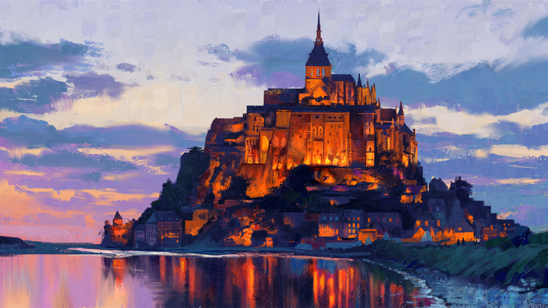 油画,城堡,灯光,晚霞,夜晚,古城