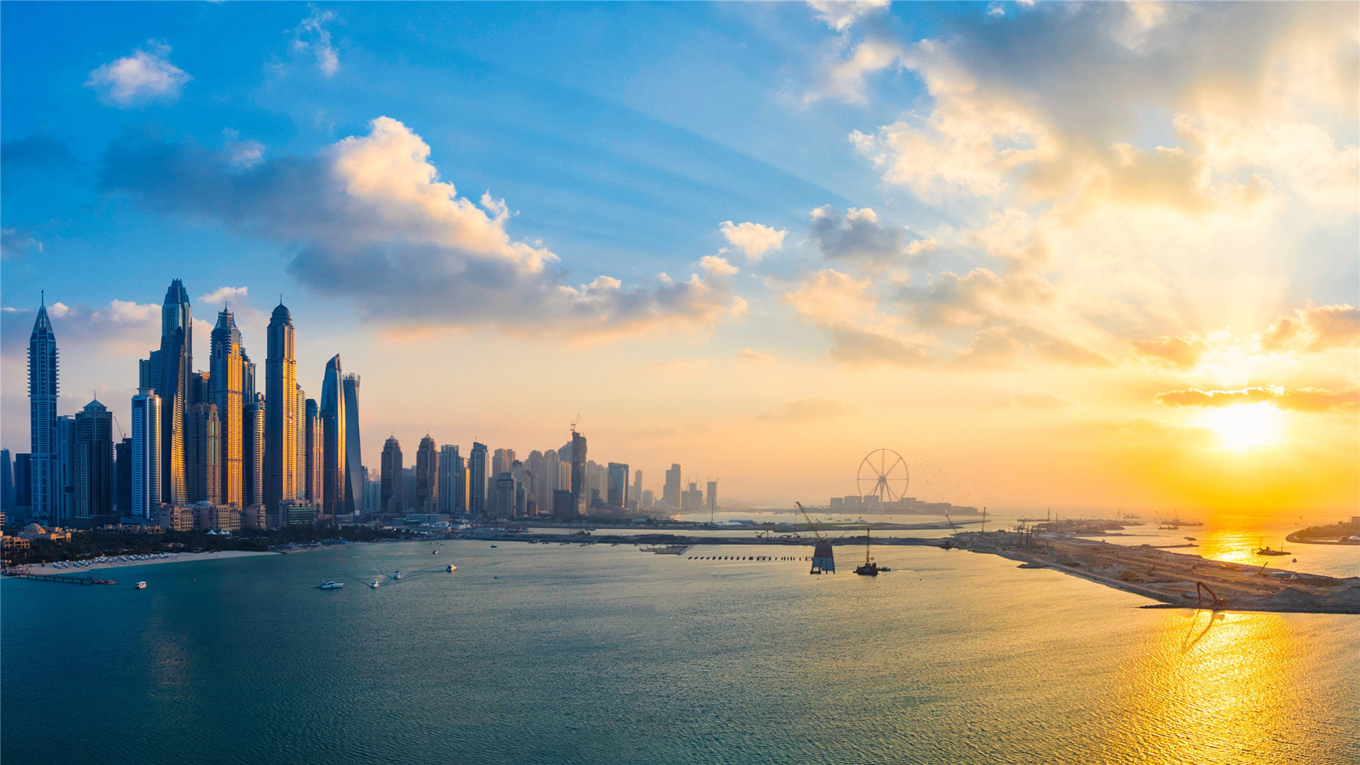 落日余晖,城市,都市,海湾,夕阳