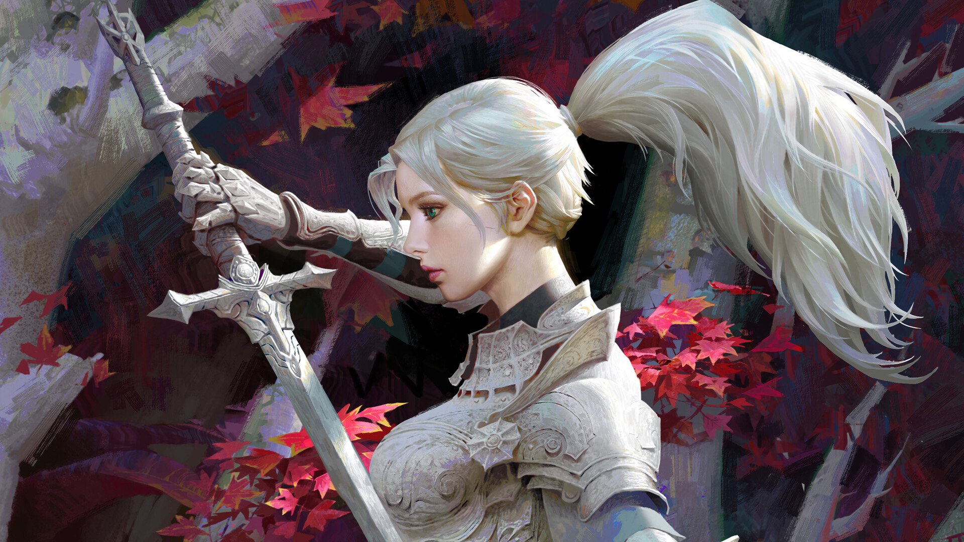 枫叶,剑,长发,女武士,盔甲