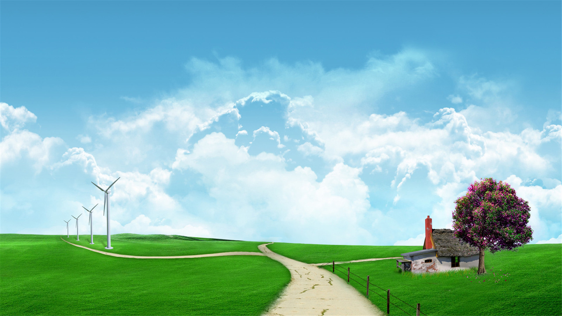 蓝天白云,草原,风车,小屋