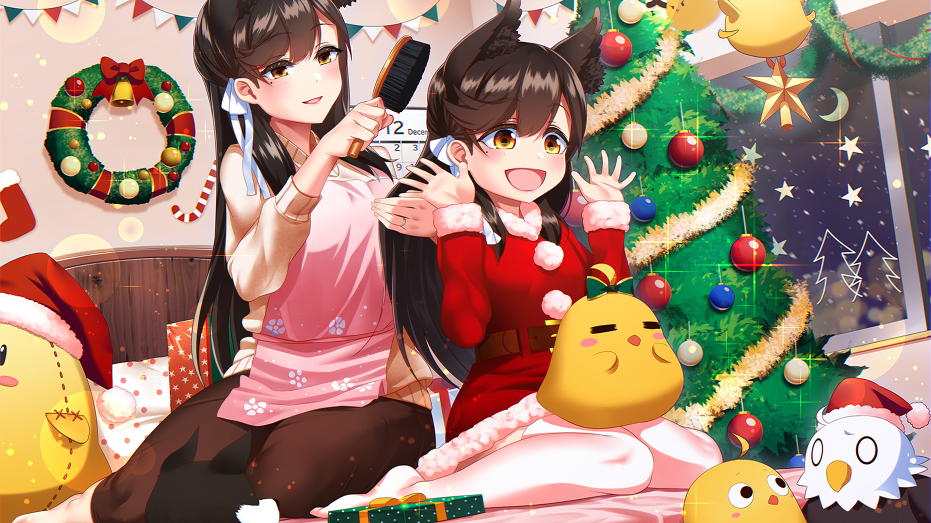 圣诞,猫耳,小鸡,圣诞树,礼物