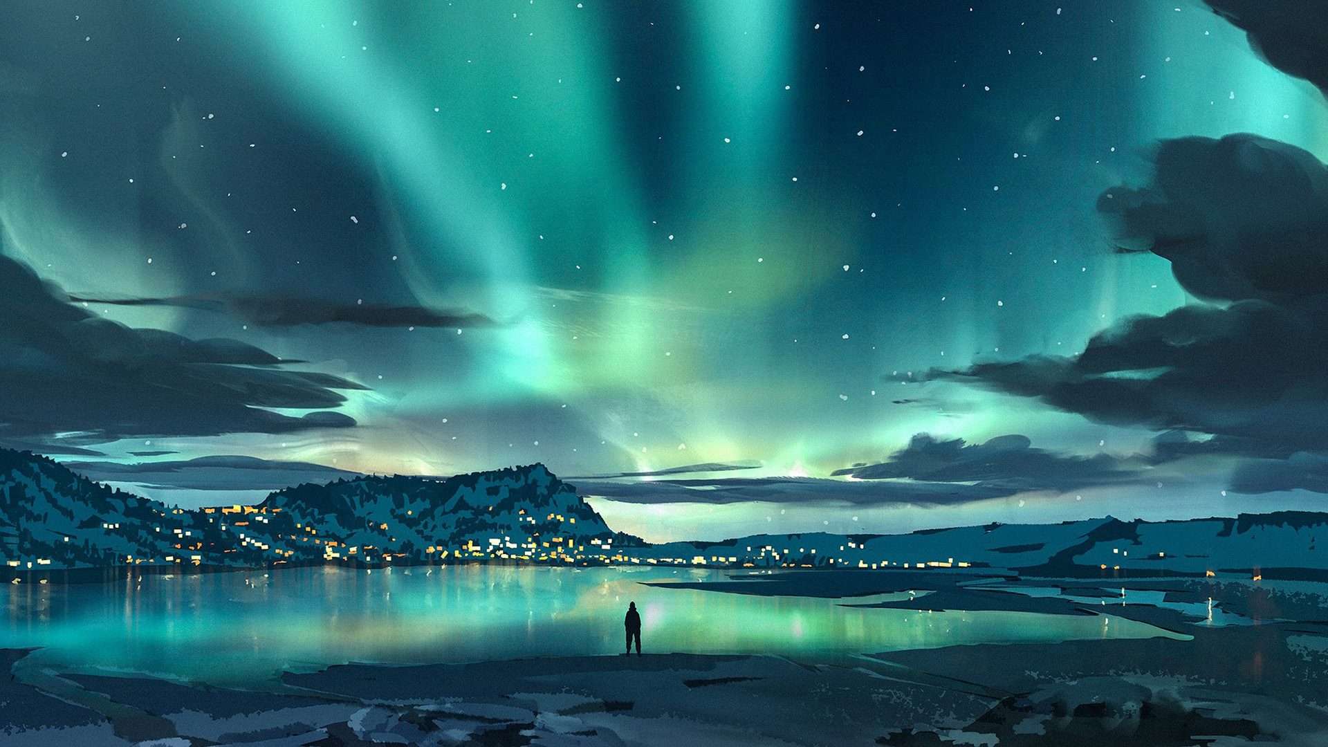 极光,奇幻,湖水,灯光,夜景