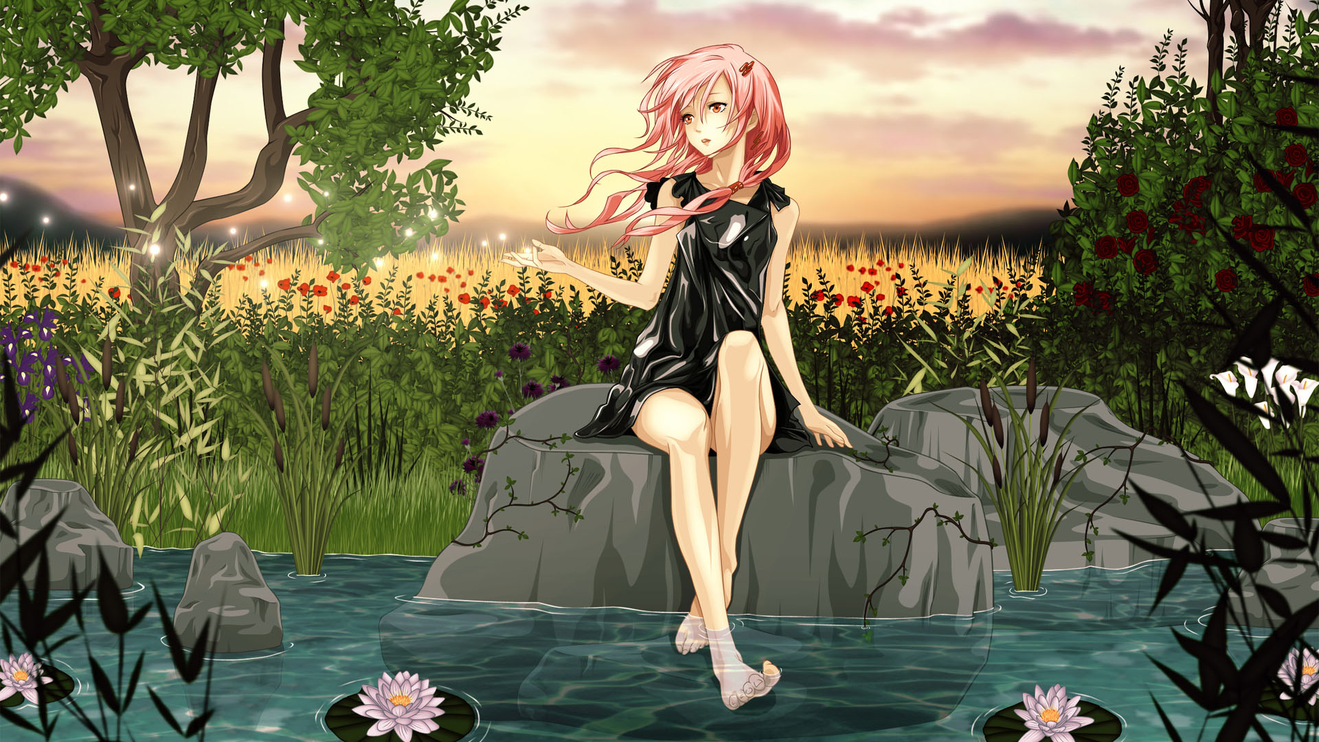 卡通人物,莲花,小溪,夏天,田野