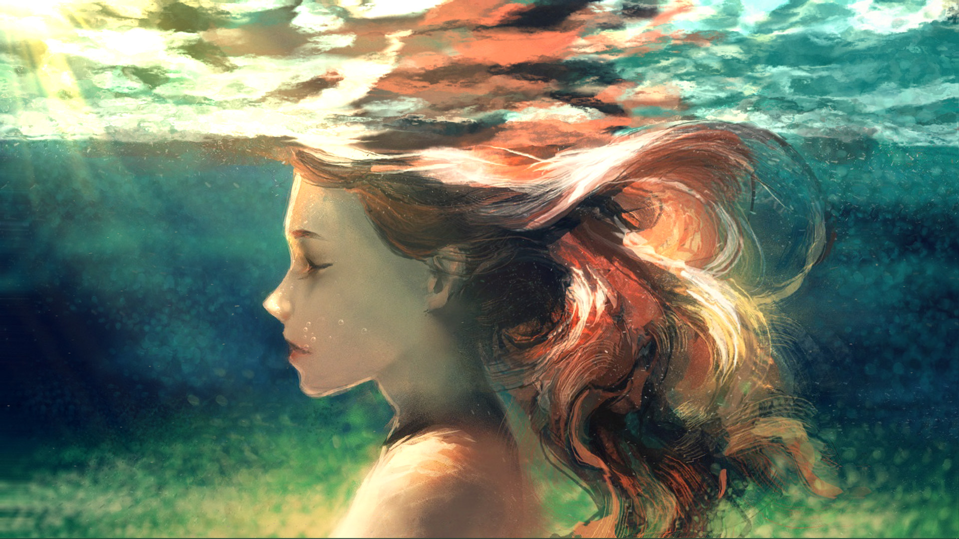 卡通人物,女孩,阳光,水下