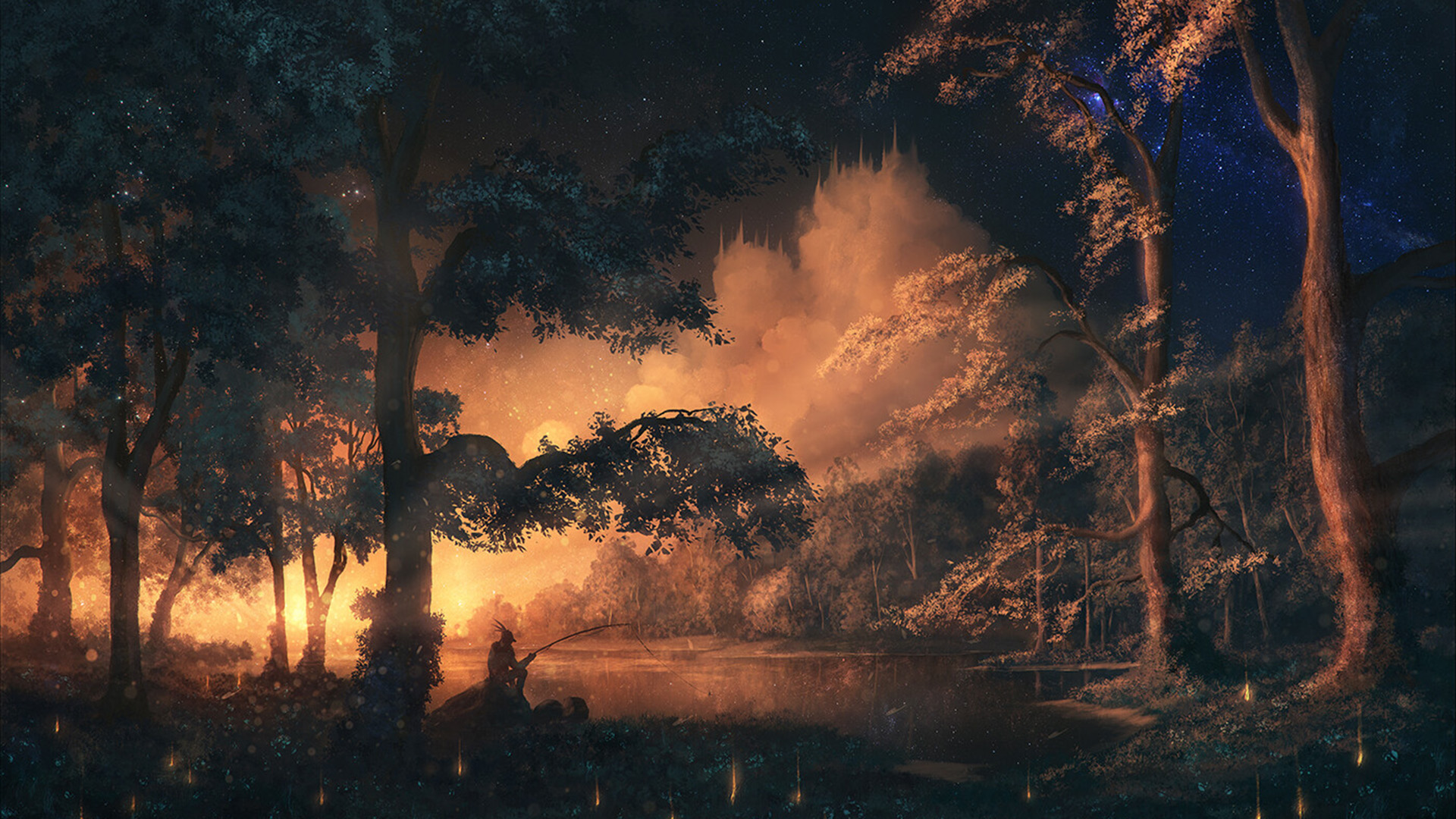 日出,垂钓,阳光,森林,树林