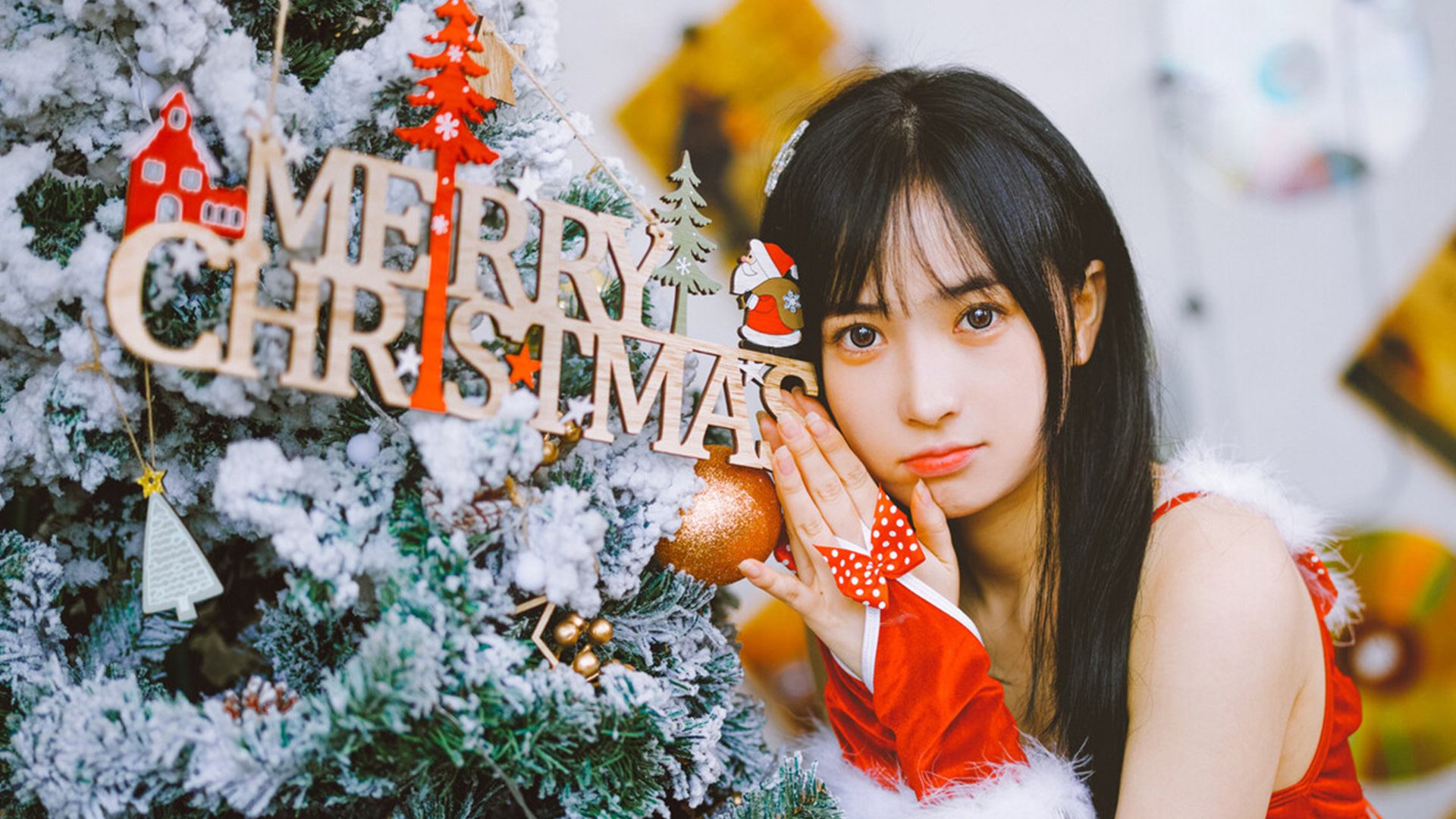 清纯,圣诞节,圣诞树,长发,可爱