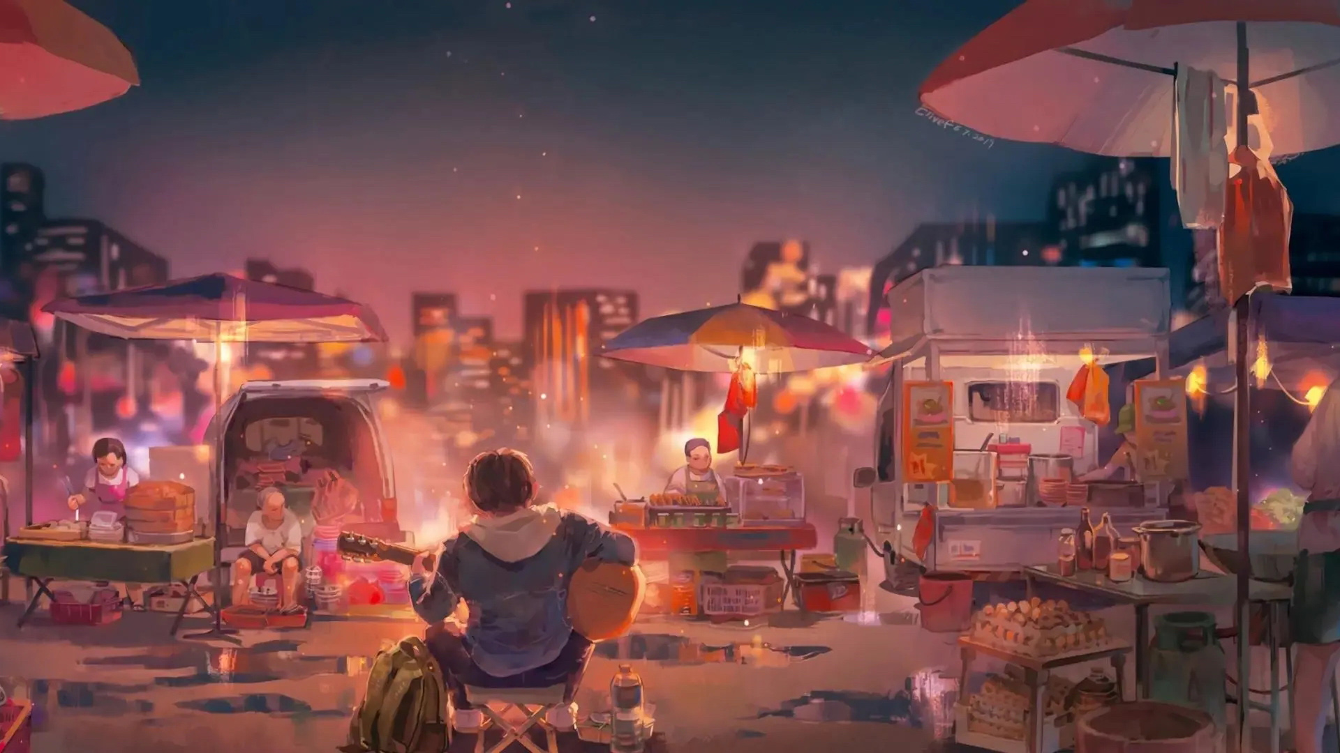 吉他,夜市,小吃,夜宵,城市,市井