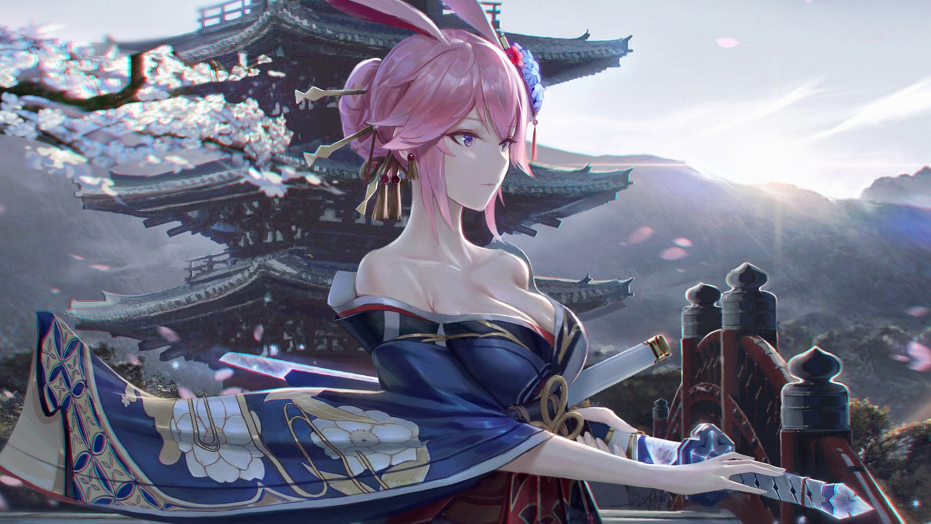 樱花,拔刀,阳光,塔,剑客