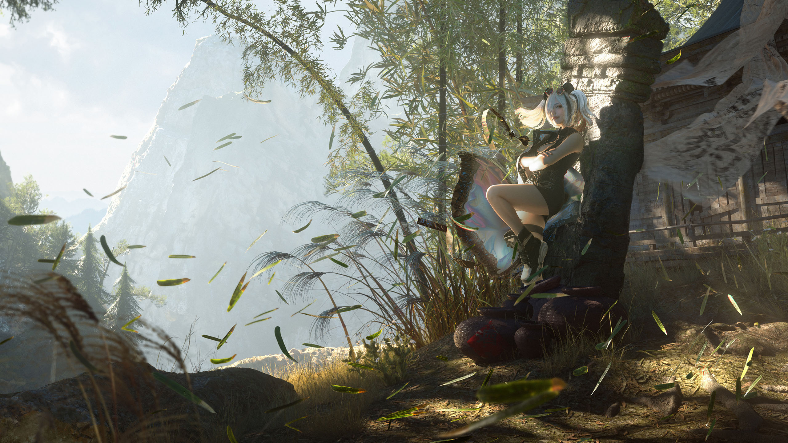 废墟,竹林,秋风,落叶,旧屋