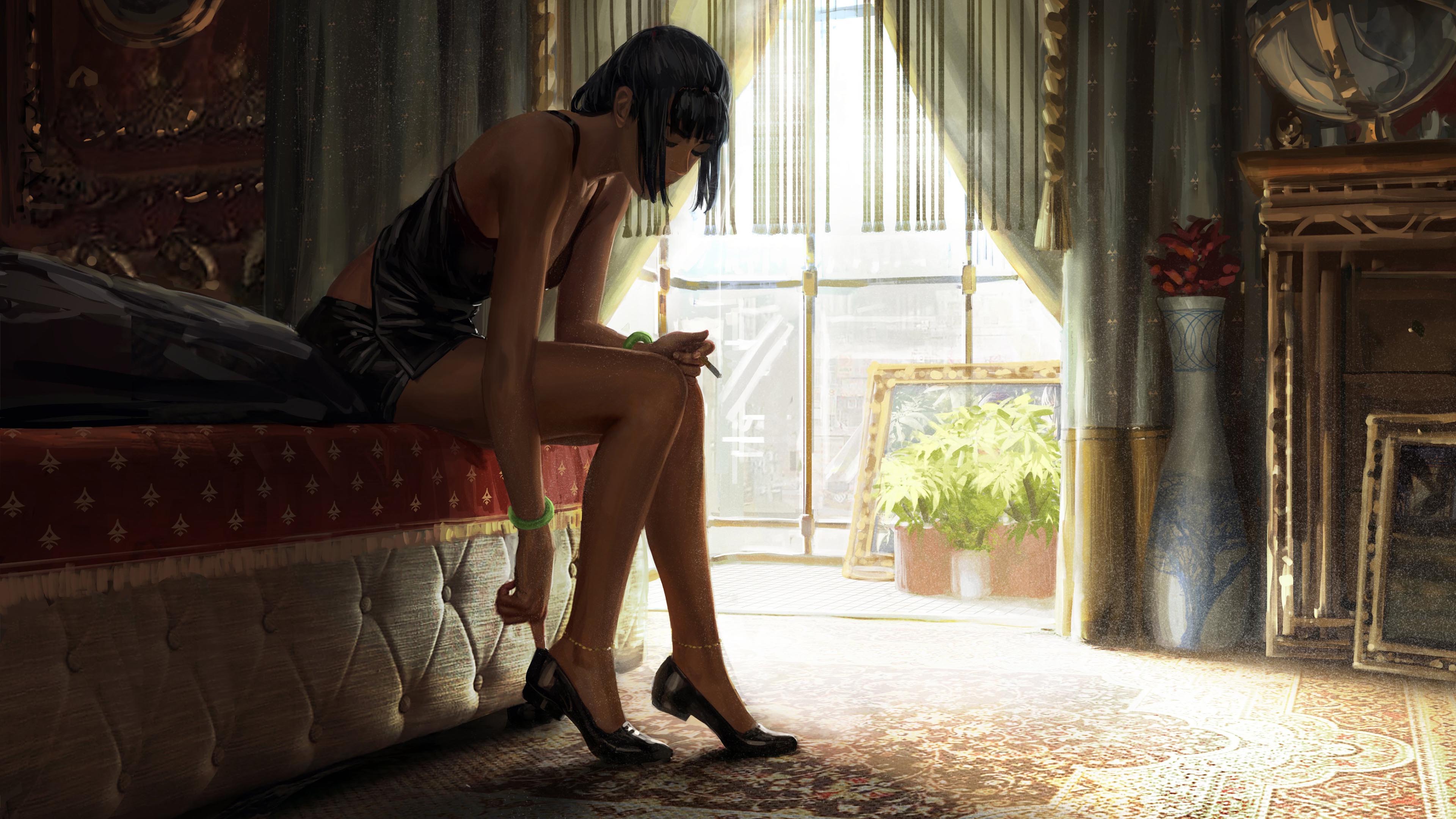 GUWEIZ,女孩,黑色睡衣,手镯,长腿,人物绘画