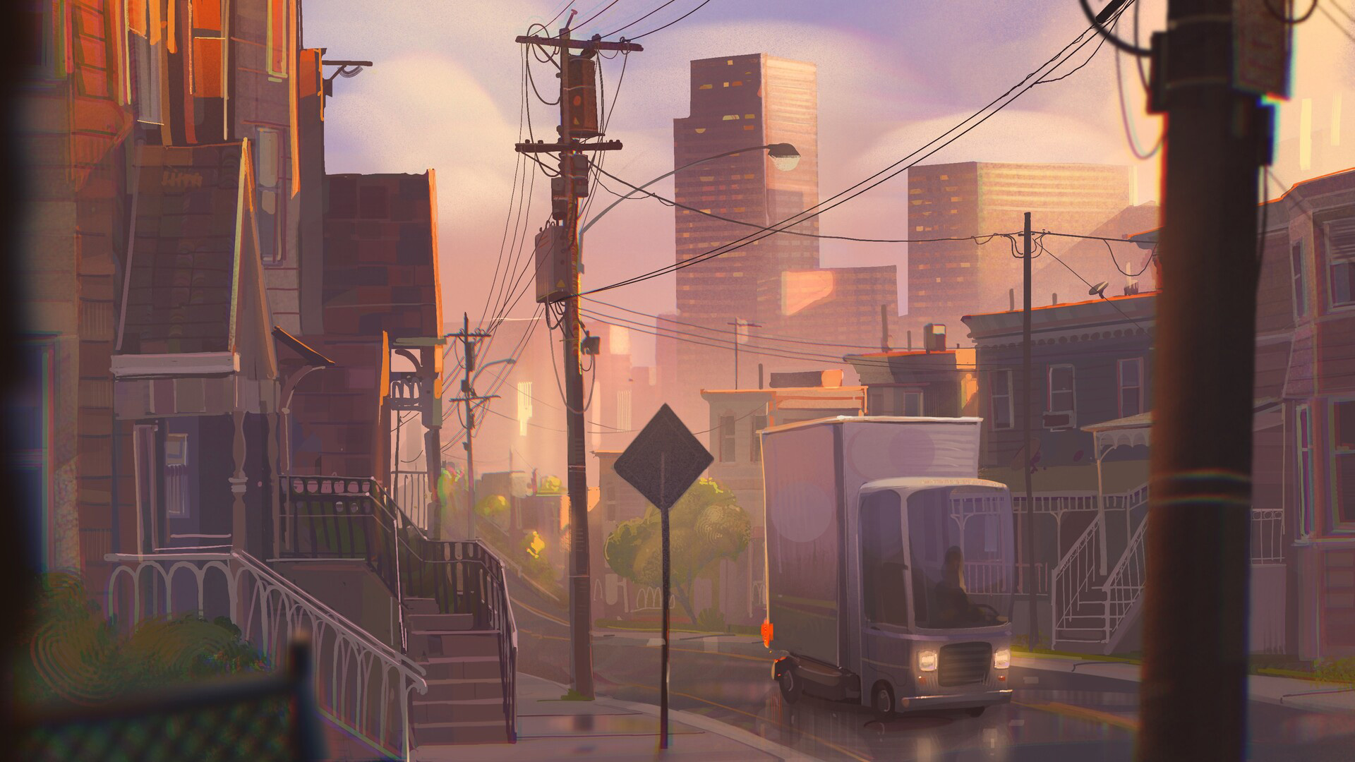 城市,或者,清晨,电线杆,街道