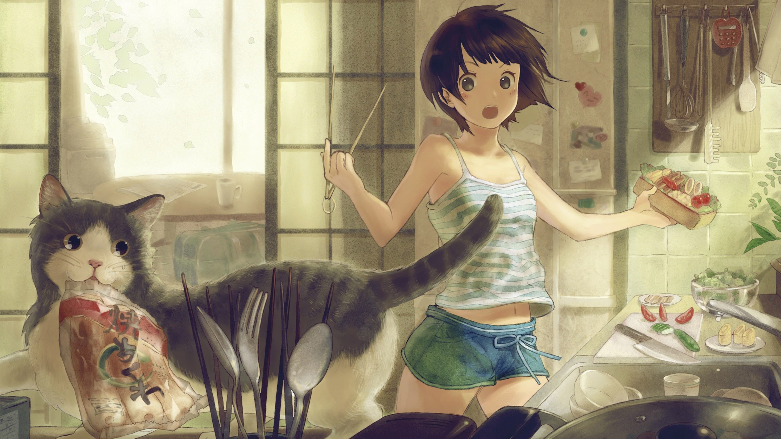 妹妹,短发,猫咪,方便面,厨房