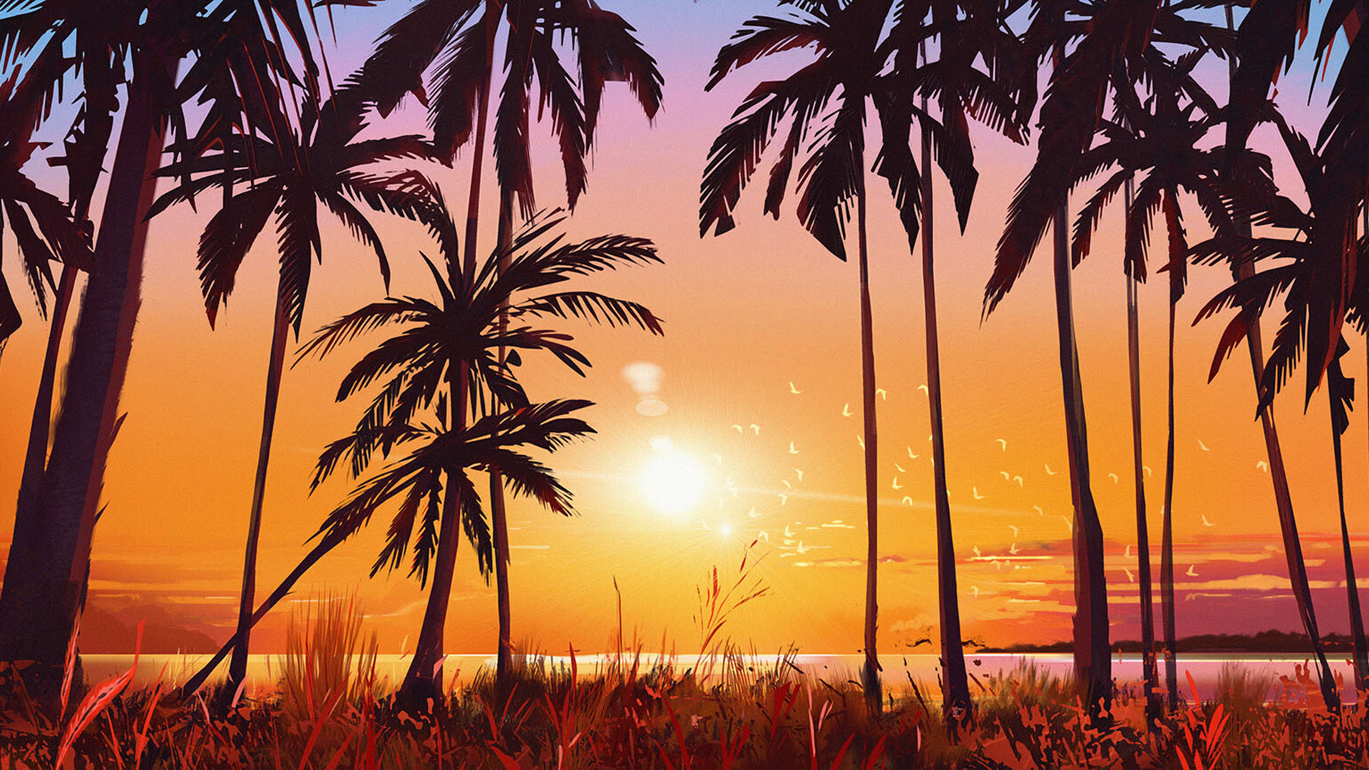 落日余晖,夕阳,椰树,沙滩