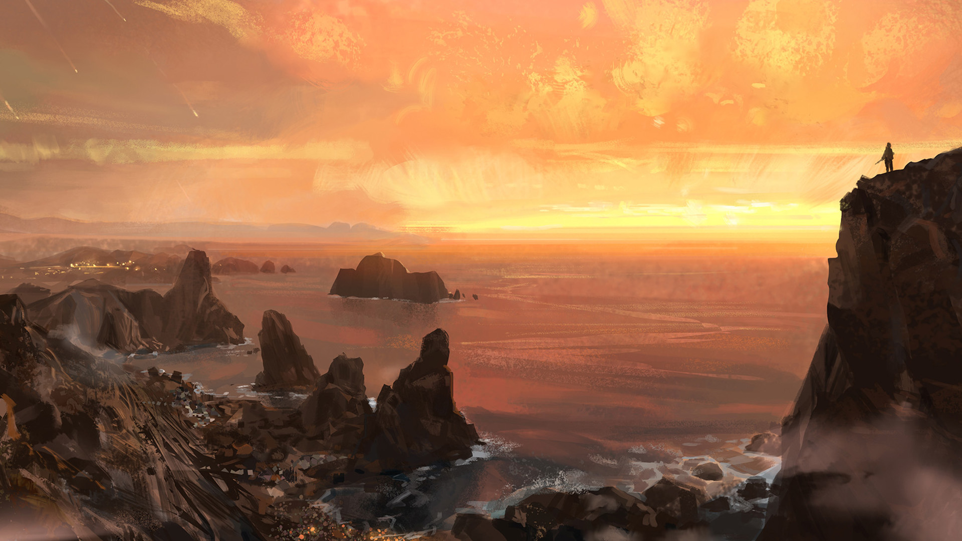 夕阳,日落,海洋,海岸,礁石