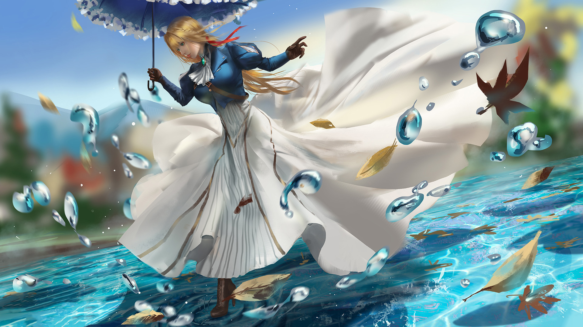 薇尔莉特,雨伞,树叶,小溪,水珠