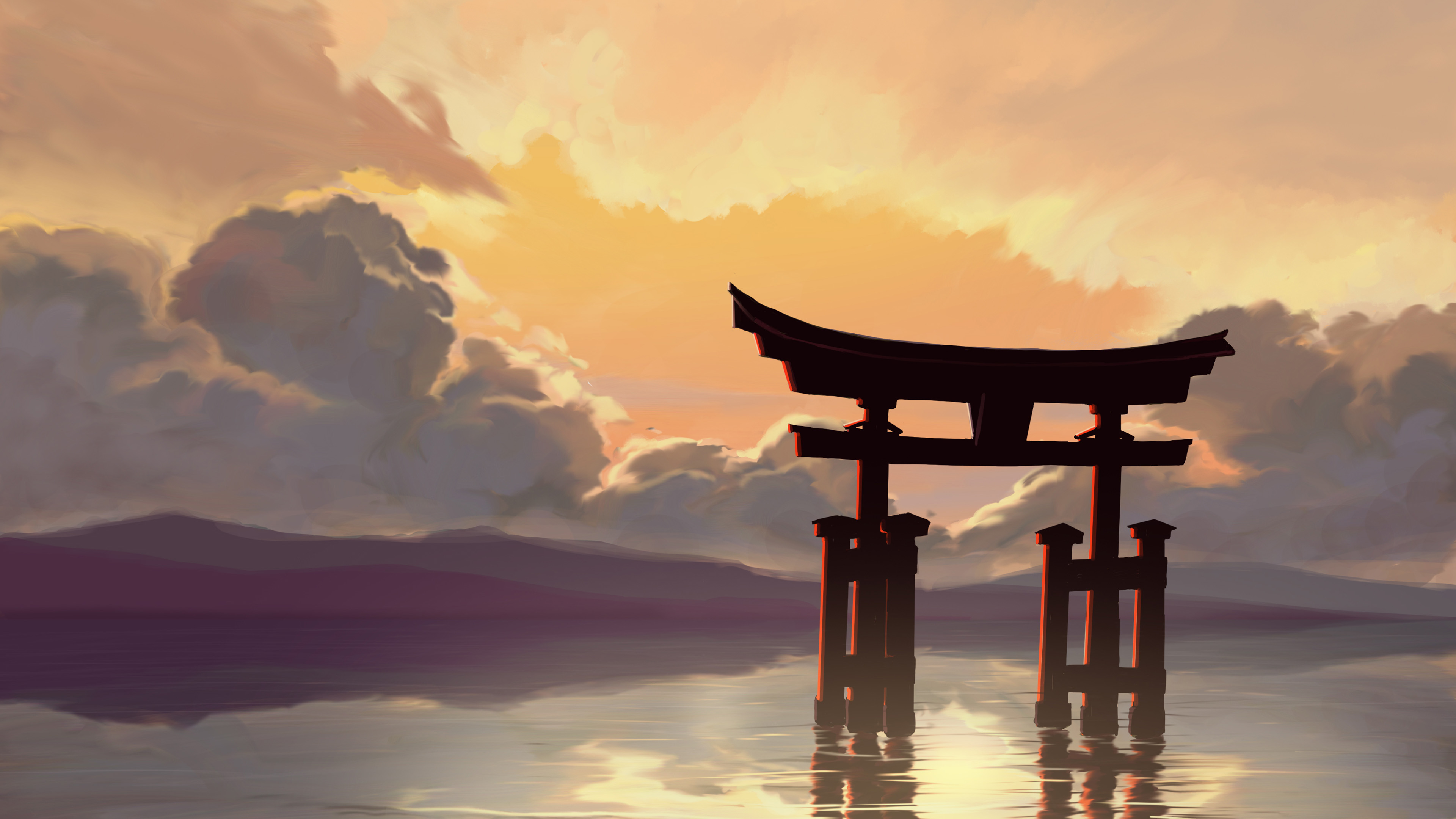 神社,倒影,黄昏,云朵,晚霞