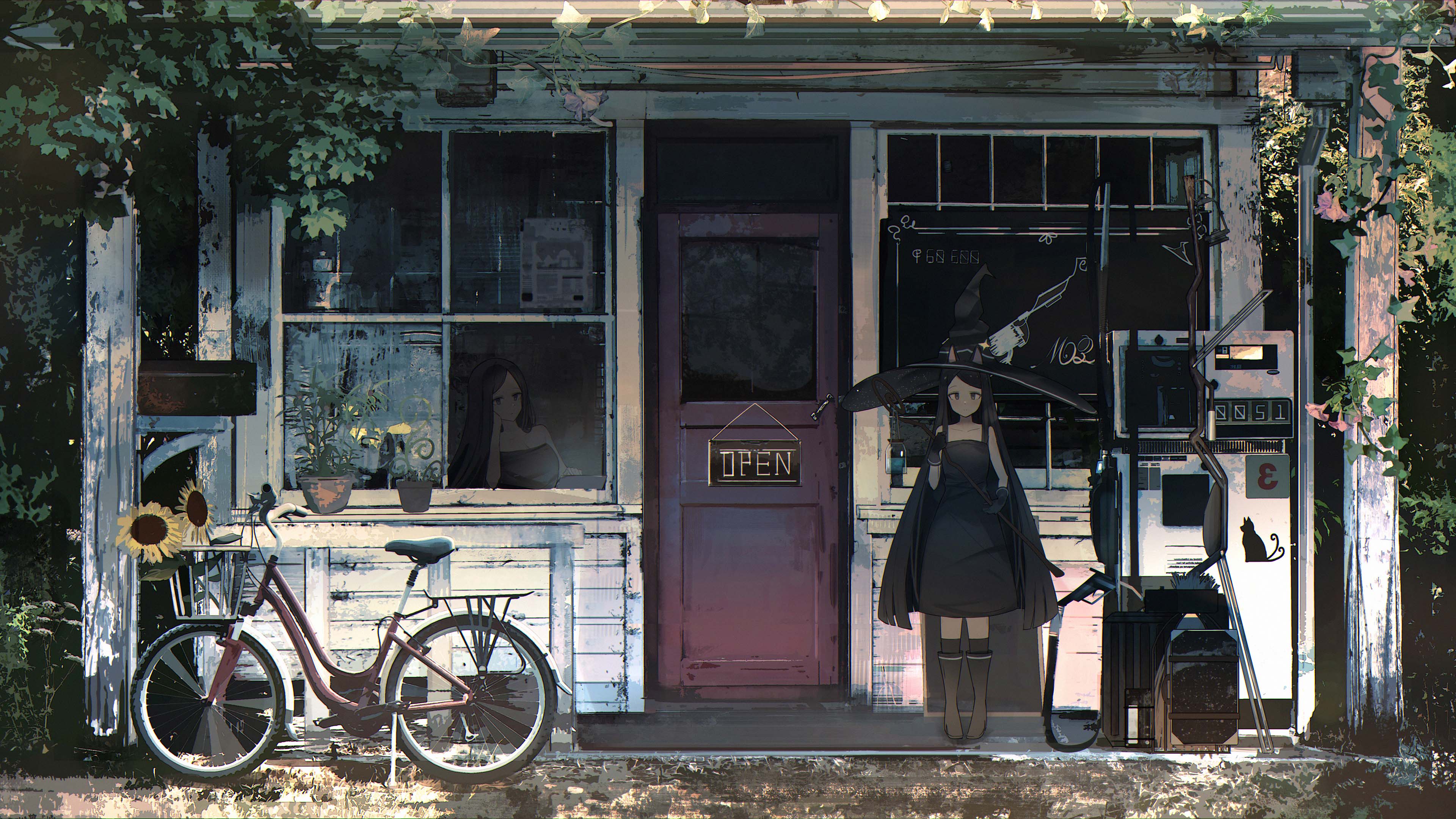 女巫,单车,向日葵,屋檐