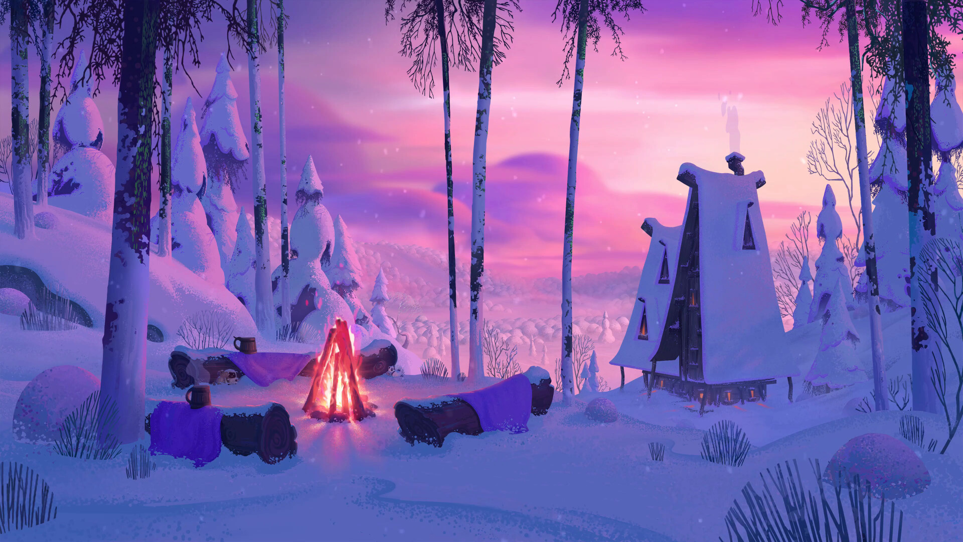 寒冬,篝火,夕阳,雪原,小木屋,童话